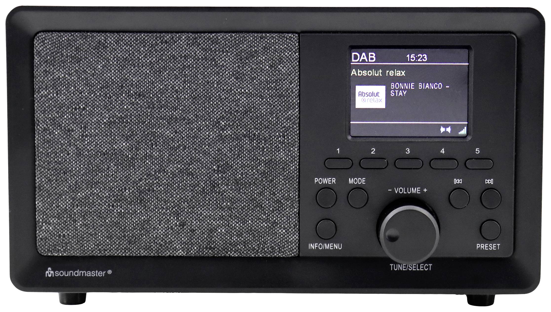 Digitalradio mit Textanzeige 'DAB 15:23 Absolut relax'. Song: 'Bonnie Bianco - Stay'. Tasten zur Steuerung und Lautsprecher sichtbar.