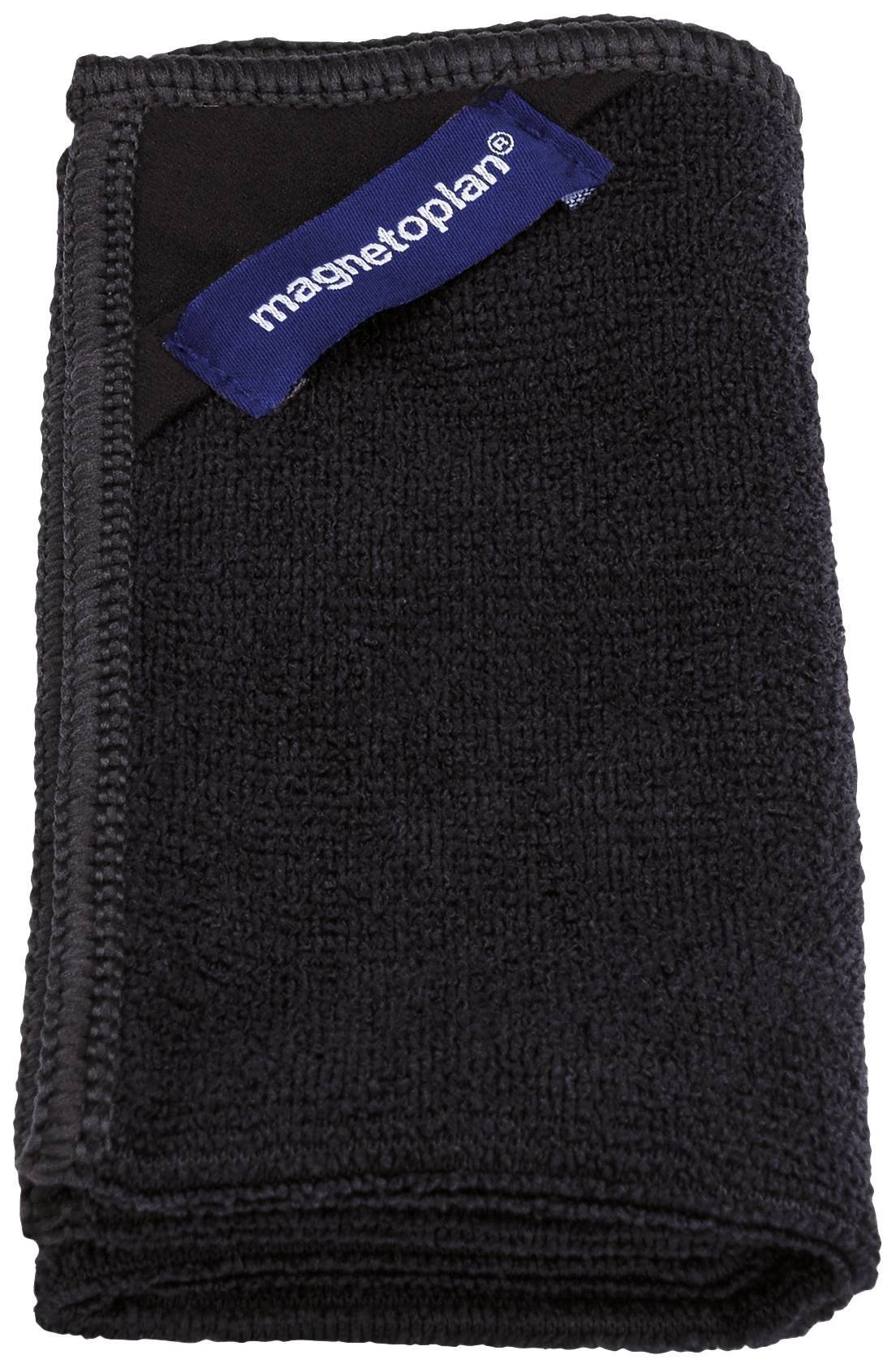 Zusammengefaltetes schwarzes Tuch mit Aufnäher der Marke 'magnetoplan' an der Ecke.