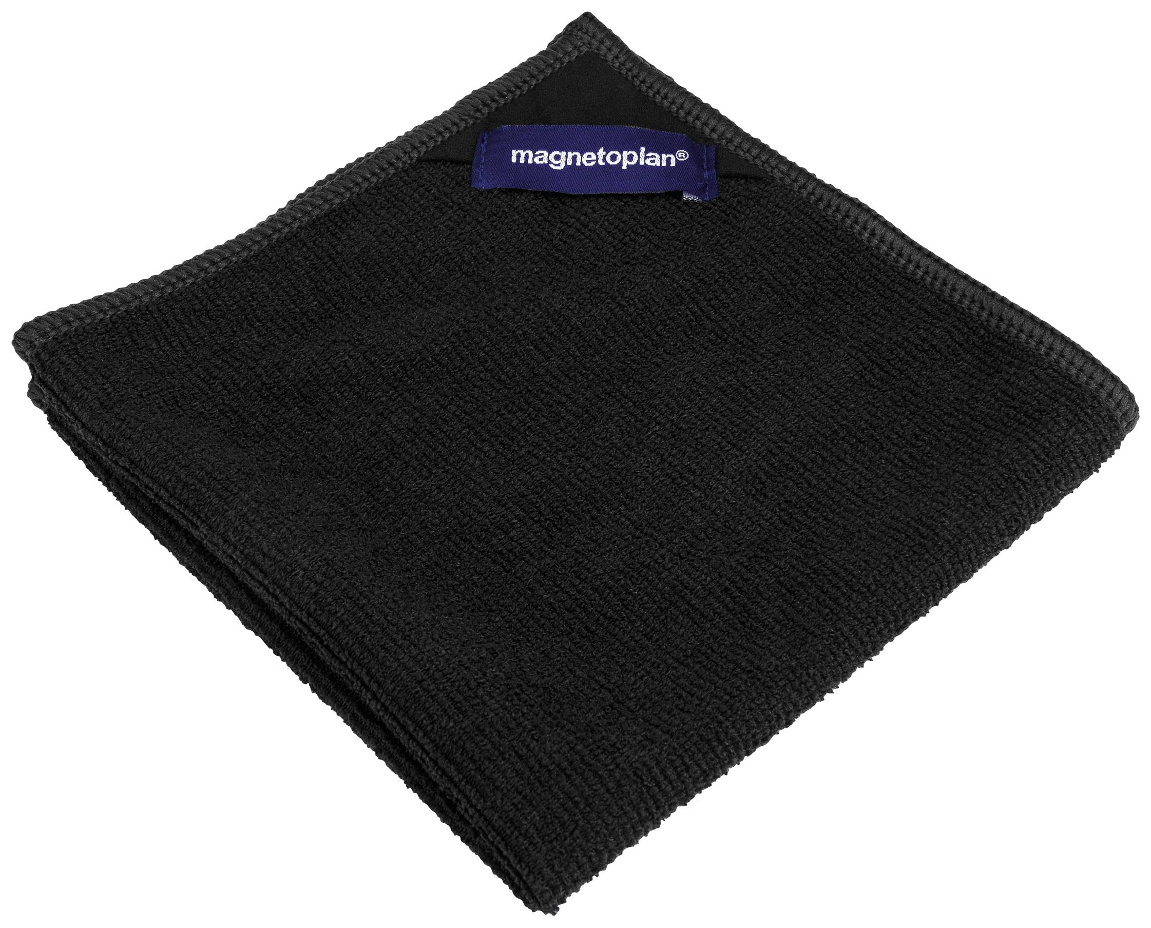 Schwarzes, quadratisches Mikrofasertuch mit Etikett der Marke 'magnetoplan' am Rand. Geeignet zum Reinigen von Whiteboards.