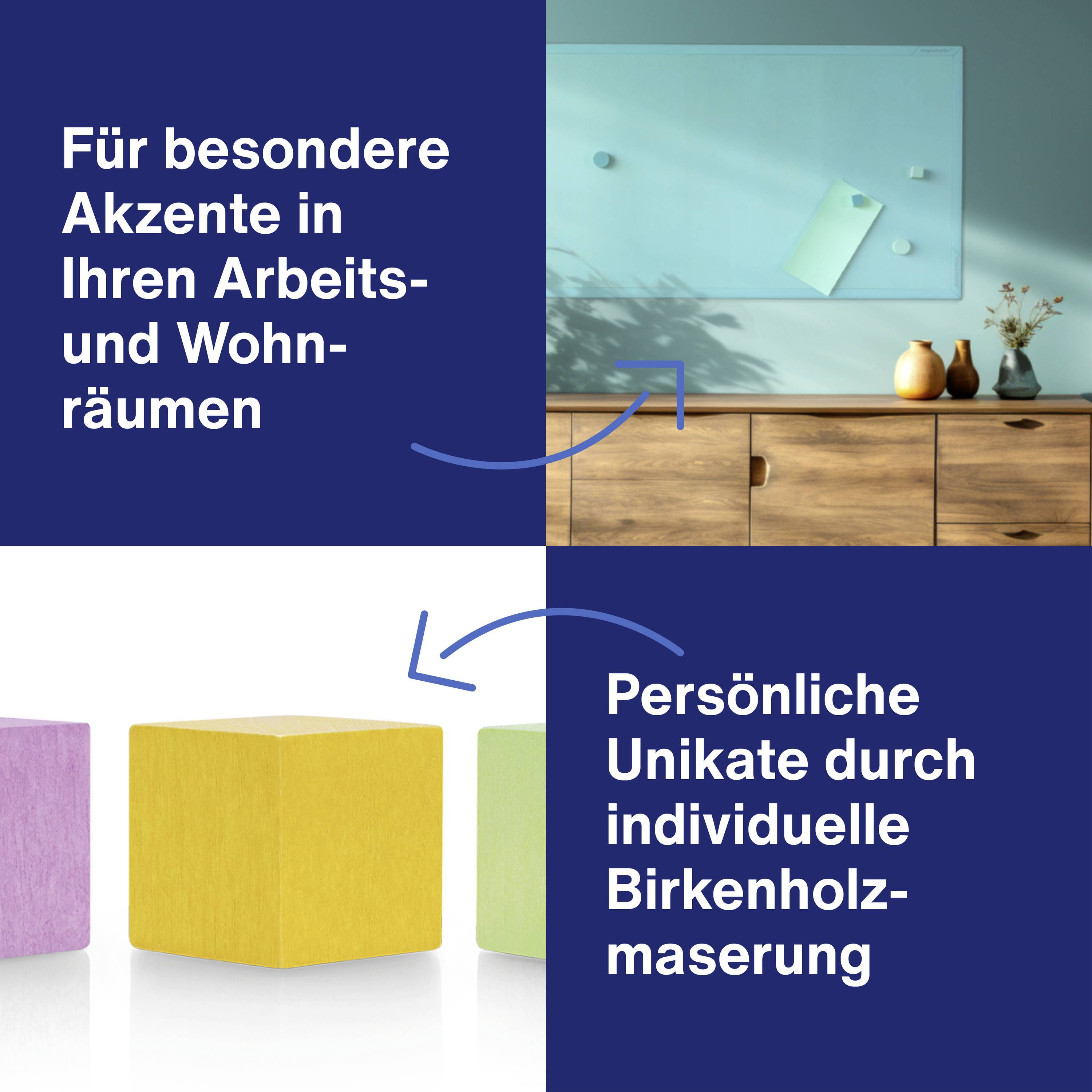 'Akzente für besondere Arbeiten und Wohnräume' und 'Persönliche Unikate durch individuelle Birkenholzmaserung'. Bunte Würfel und Holzmöbel.