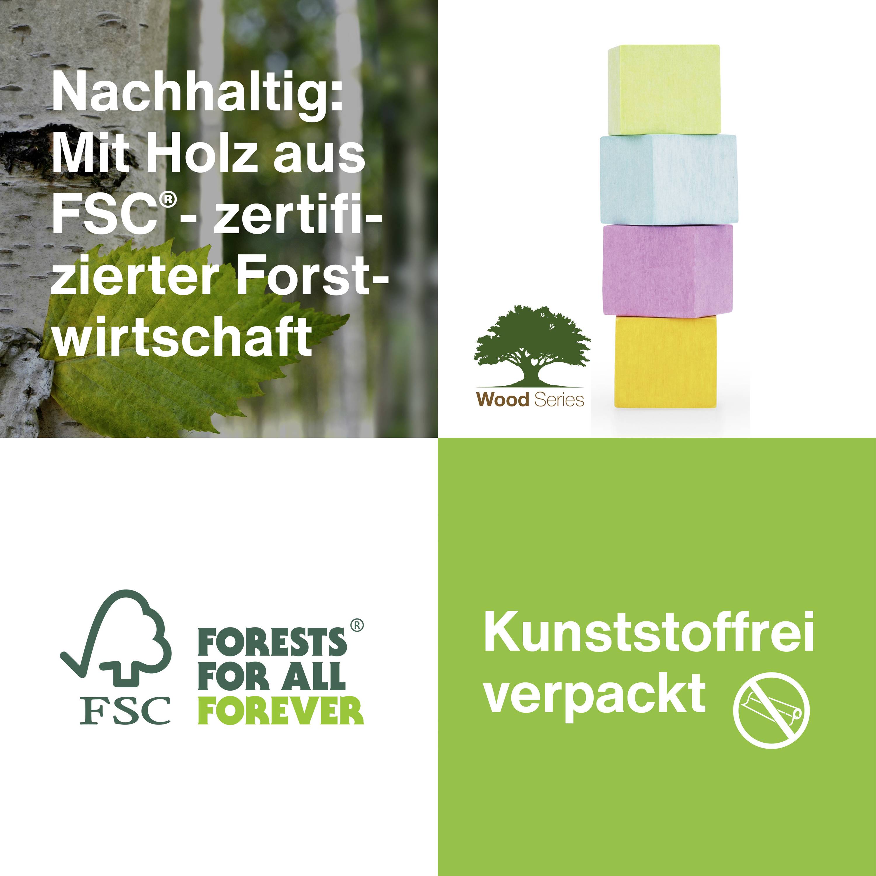 'Nachhaltig: Mit Holz aus FSC®-zertifizierter Forstwirtschaft'. Farbige Klötze gestapelt. 'Kunststofffrei verpackt' mit Symbol.