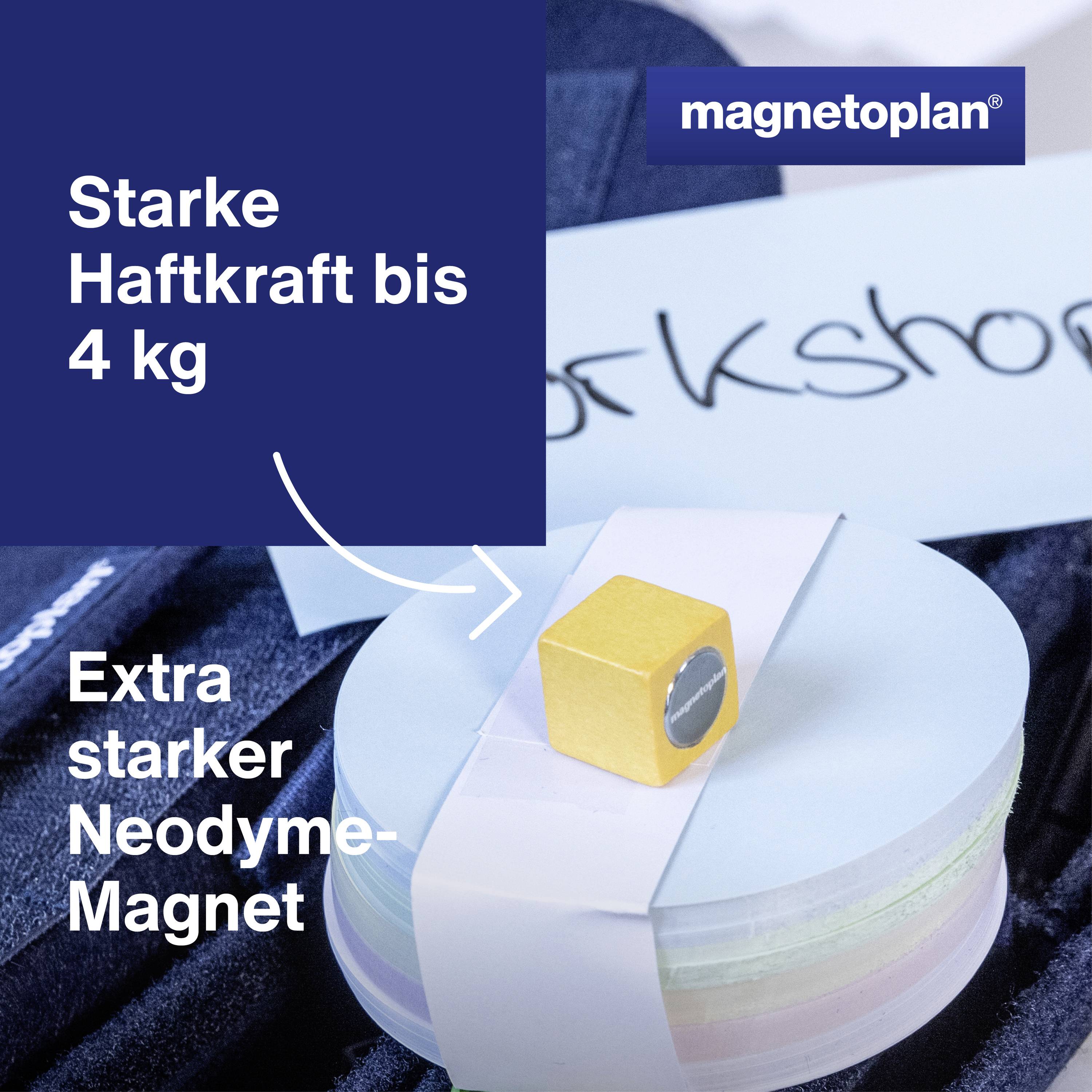 'Starke Haftkraft bis 4 kg' und 'Extra starker Neodym-Magnet' auf einer gelben Box, die auf mehreren farbigen Notizblöcken liegt.