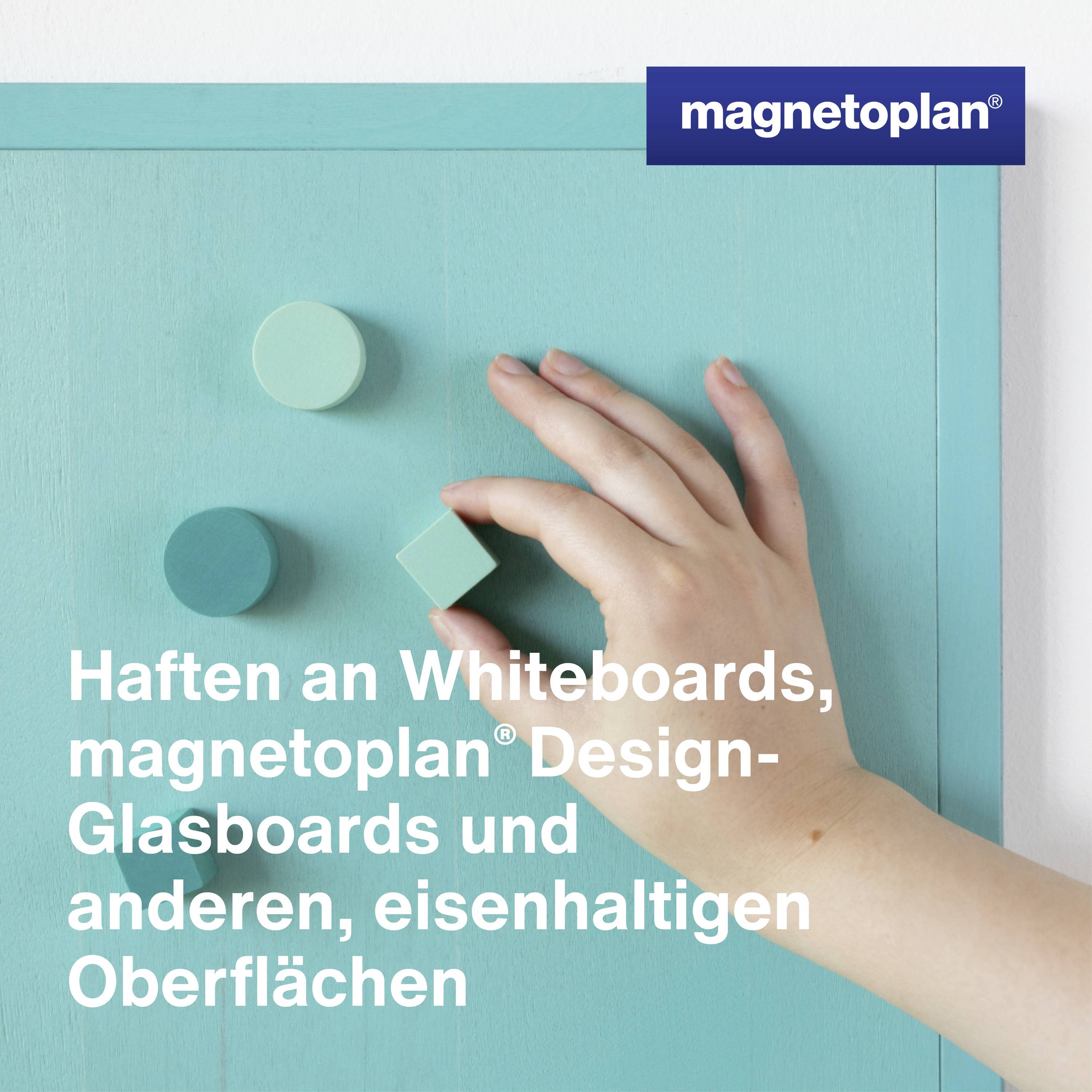 Eine Hand zeigt auf ein magnetoplan-Produkt auf einer weißen Oberfläche mit der Aufschrift: 'Haften an Whiteboards, Design-Glastafeln und eisenhaltigen Oberflächen'.