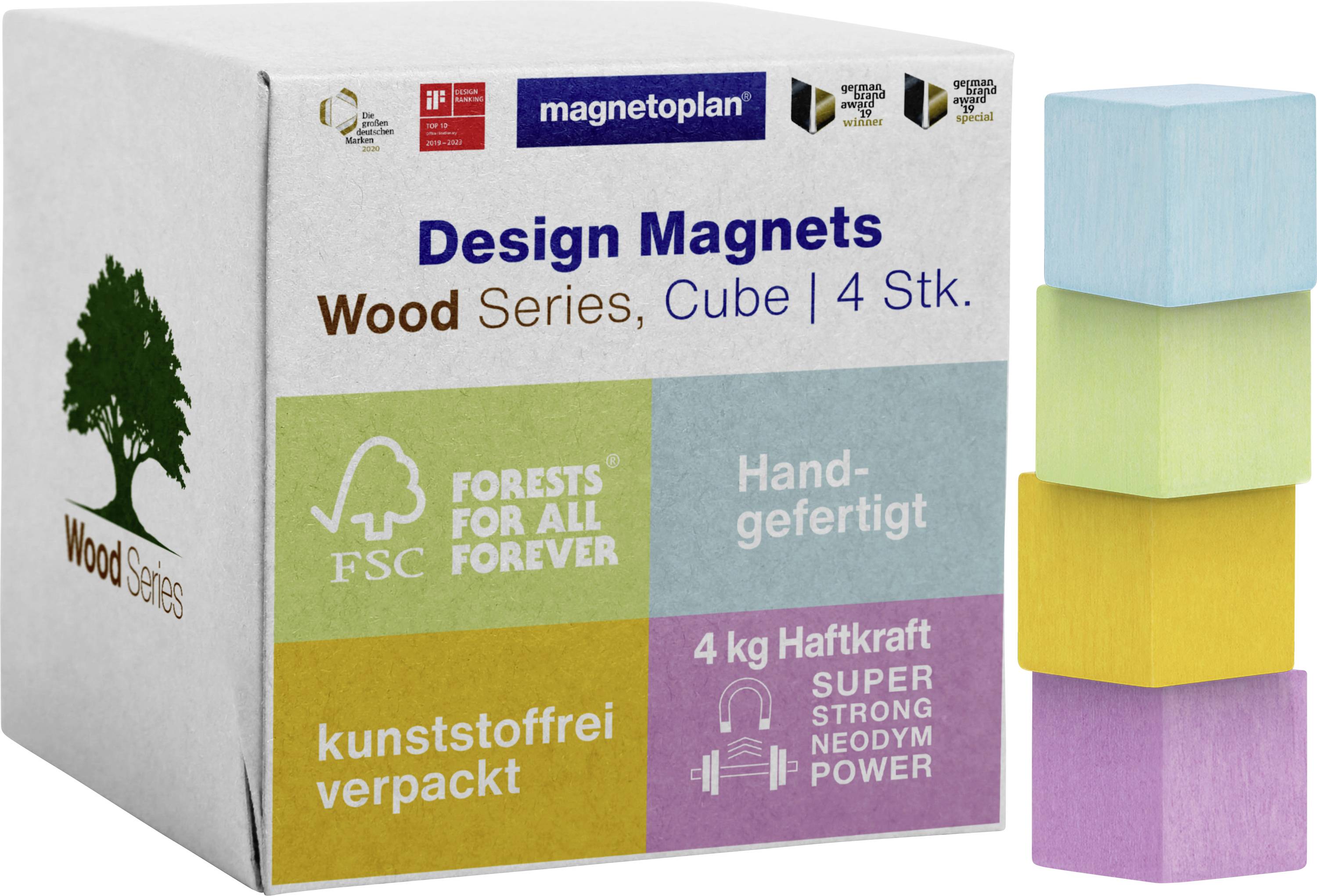 Design Magnete, Holz Serie, Würfel, 4 Stück. Schachtel mit bunten Würfelmagneten. Etiketten: 'FSC', 'Handgefertigt', '4 kg Haftkraft', 'Plastikfreie Verpackung.'