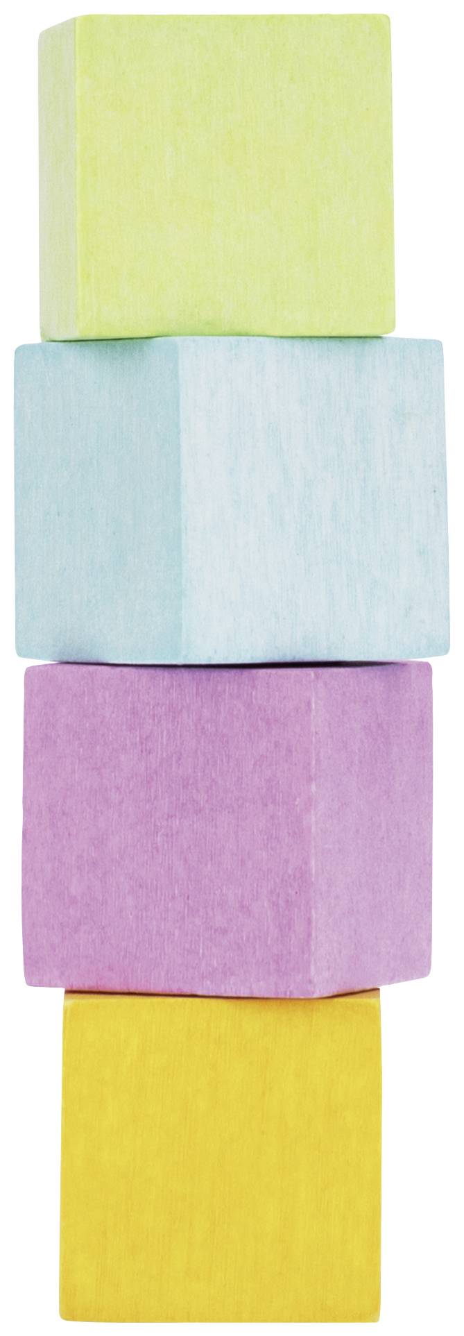 Vier farbige Würfel (gelb, rosa, blau, grün) stapeln sich senkrecht übereinander.