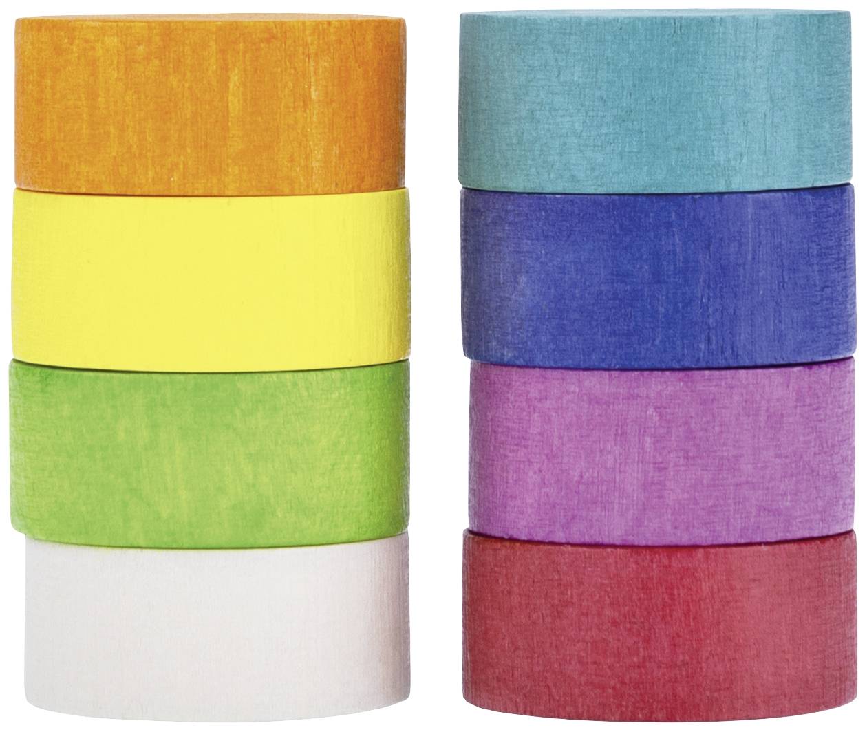 Stapel von acht bunten Klebebändern in verschiedenen Farben, zwei separate Säulen. Farben umfassen Orange, Gelb, Grün, Blau, Rot und Violett.