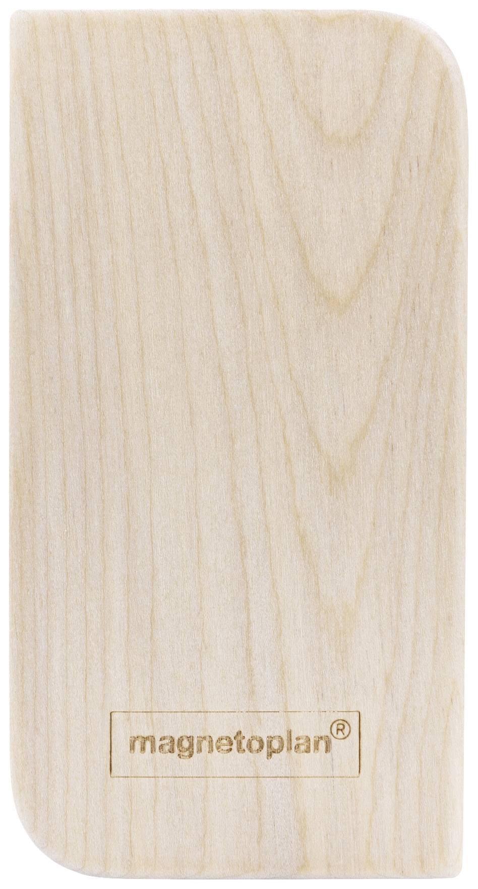 Holzfarbener Block mit abgerundeten Ecken und dem Aufdruck 'magnetoplan®'.
