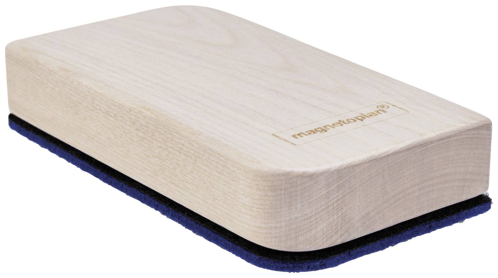 Ein rechteckiger magnetischer Tafelwischer aus Holz mit Filzunterseite, verwendet zum Reinigen von Whiteboards.