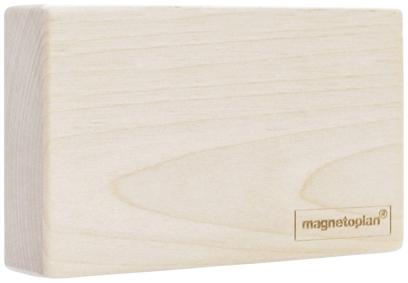 Holz-Magnet mit Logo 'magnetoplan' auf der Vorderseite. Rechteckige Form mit abgerundeten Kanten. Schlichtes, helles Holzdesign.