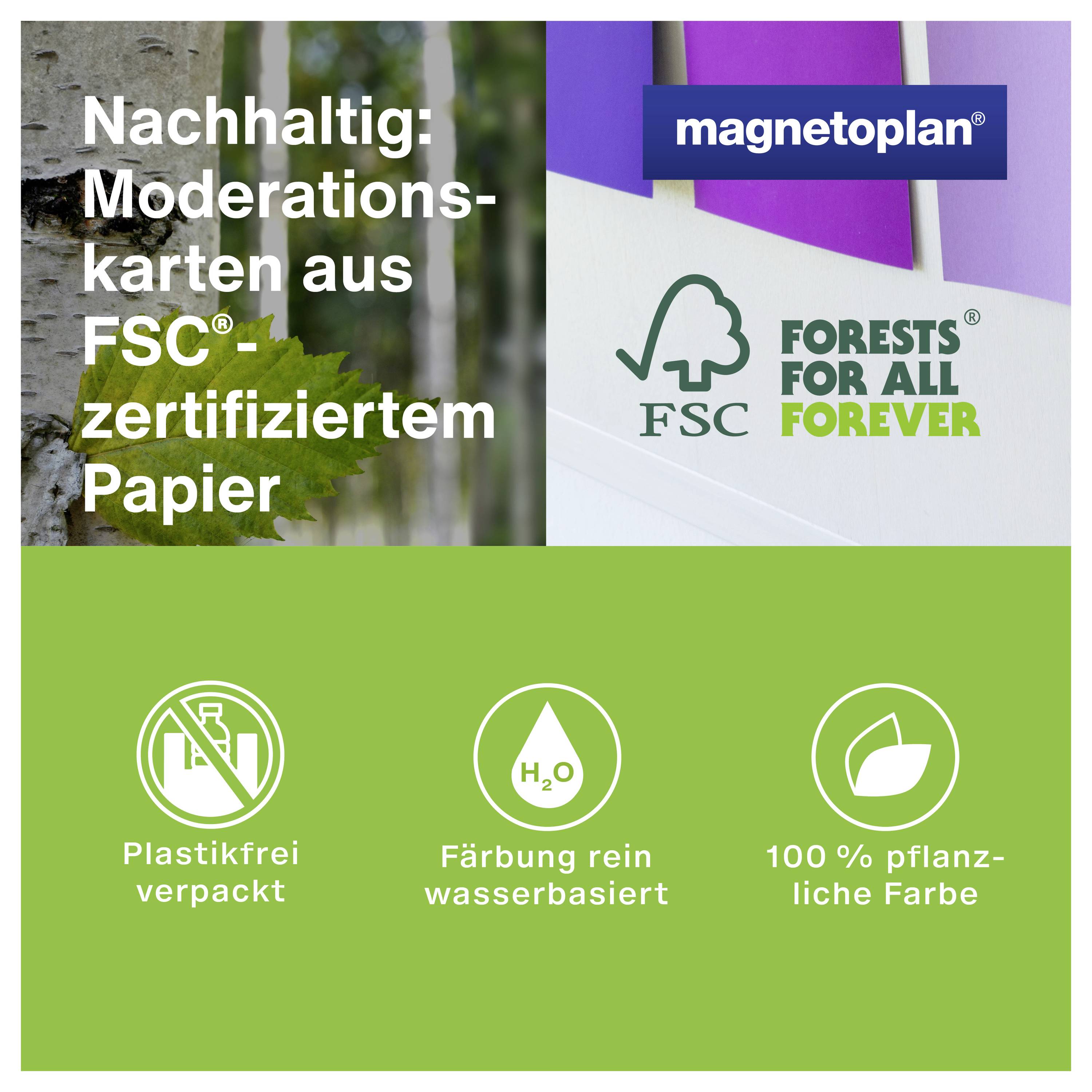 Nachhaltig: Moderationskarten aus FSC-zertifiziertem Papier. Plastikfrei verpackt, wasserbasierte Färbung, 100 % pflanzliche Farbe.