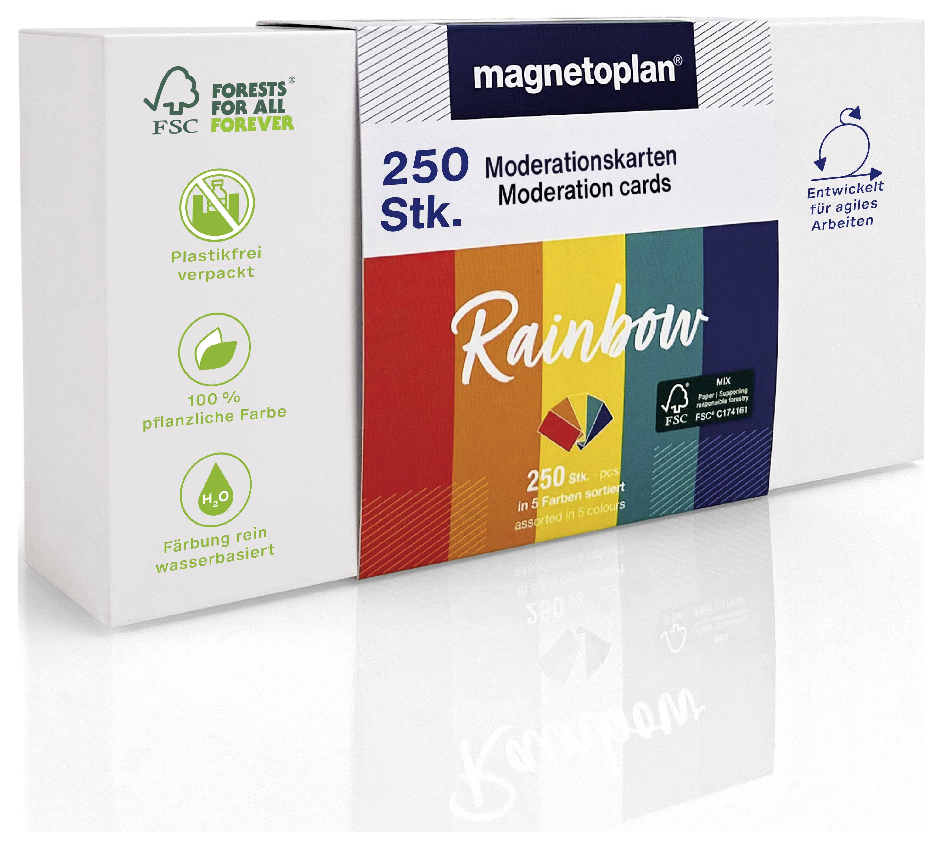 Eine Box mit 'magnetoplan' Regenbogen-Moderationskarten mit FSC-Zertifizierung, plastikfreier Verpackung und pflanzenbasierter, wasserbasierter Tinte.