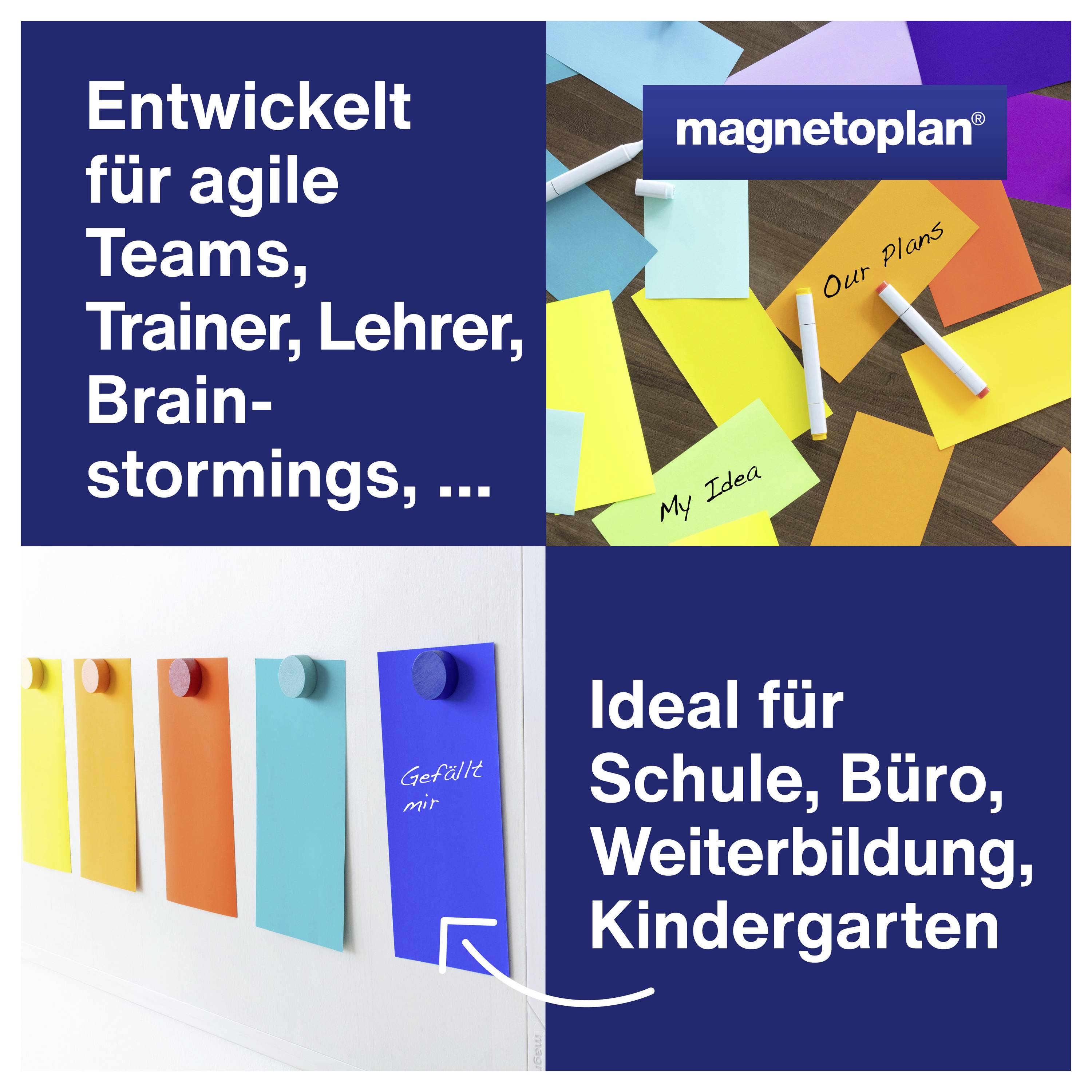 'Entwickelt für agile Teams, Trainer, Lehrer, Brainstormings, ... Ideal für Schule, Büro, Weiterbildung, Kindergarten.' Bunte Notizen an der Wand.
