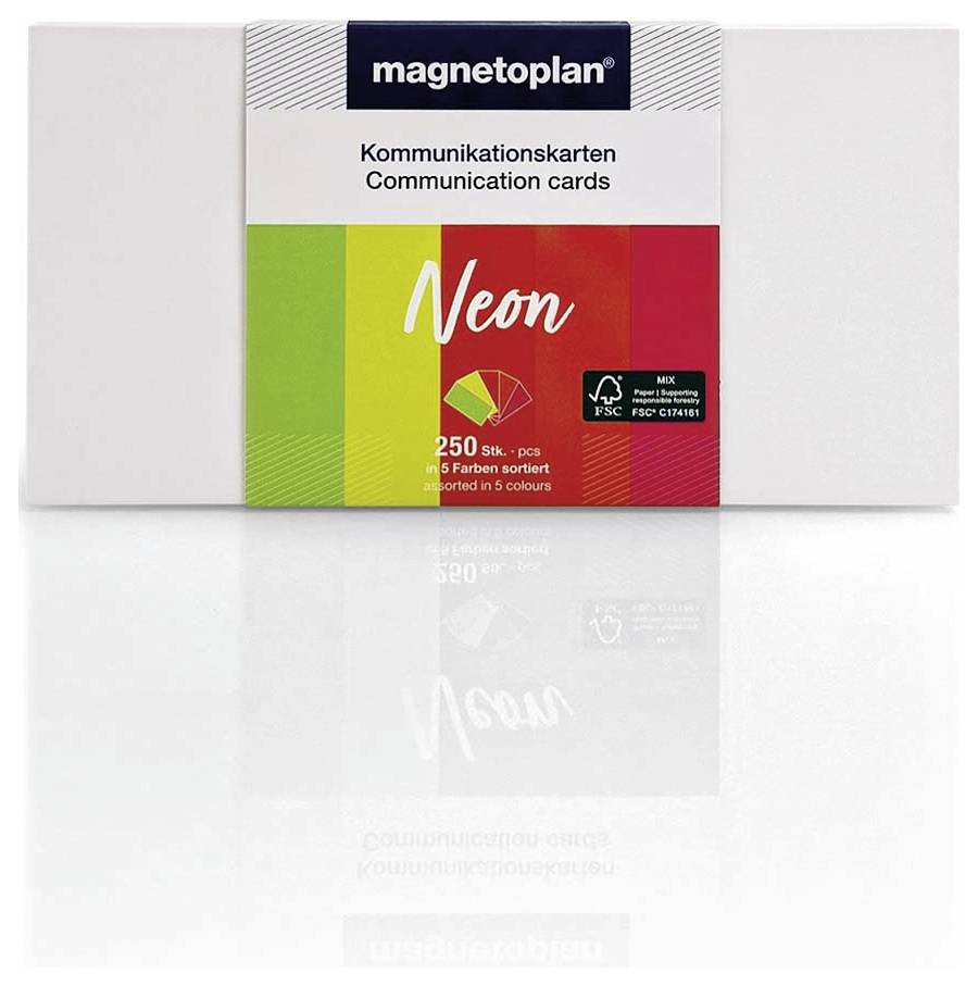 Verpackung von 'magnetoplan' Kommunikationskarten, 250 Stück in 5 Neonfarben, FSC-zertifiziert, auf weißem Hintergrund.