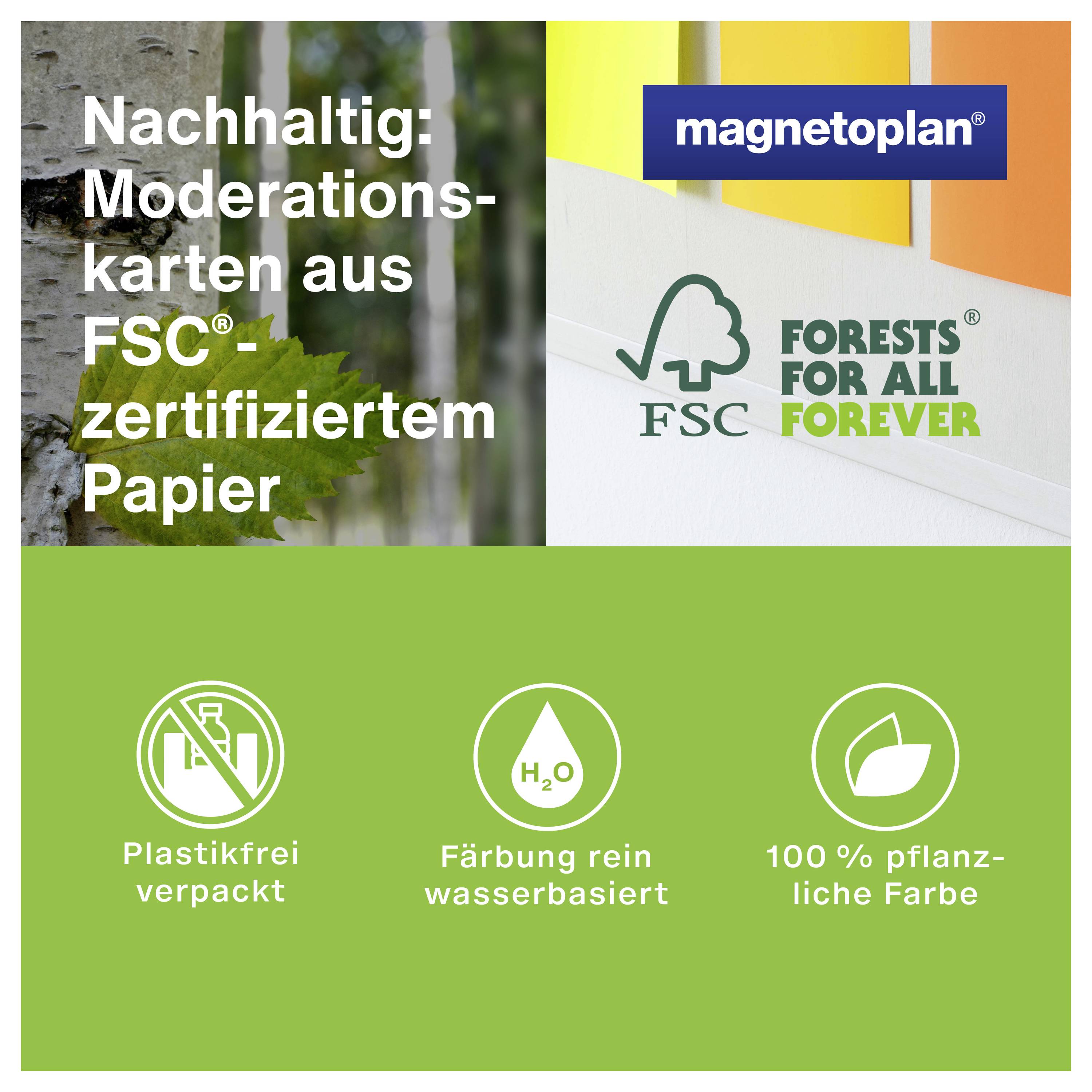 Moderationskarten aus FSC-zertifiziertem Papier. Plastikfrei, wasserbasierte Färbung, pflanzliche Farbe. Nachhaltigkeit im Fokus.