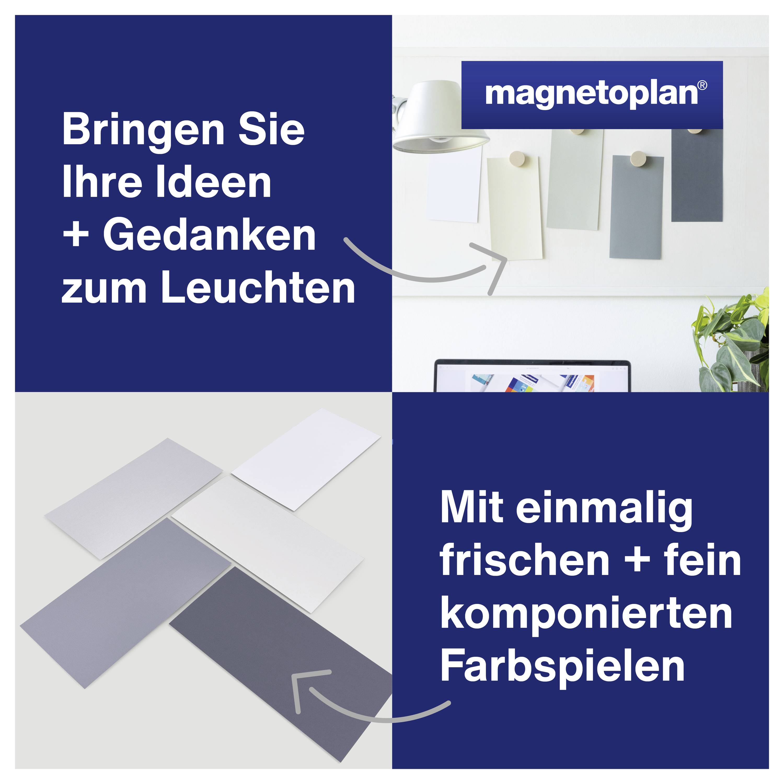 'Bringen Sie Ihre Ideen + Gedanken zum Leuchten' steht neben Farbmustern. 'Mit einmalig frischen + fein komponierten Farbspielen.'