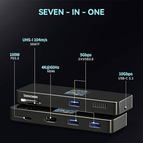 USB-C-Hub mit sieben Anschlüssen: 3x USB 3.0, HDMI 4K@60Hz, UHS-I SD/TF, USB-C 3.2 10Gbps, 100W PD 3.0. Schwarz mit blauer Beschriftung.