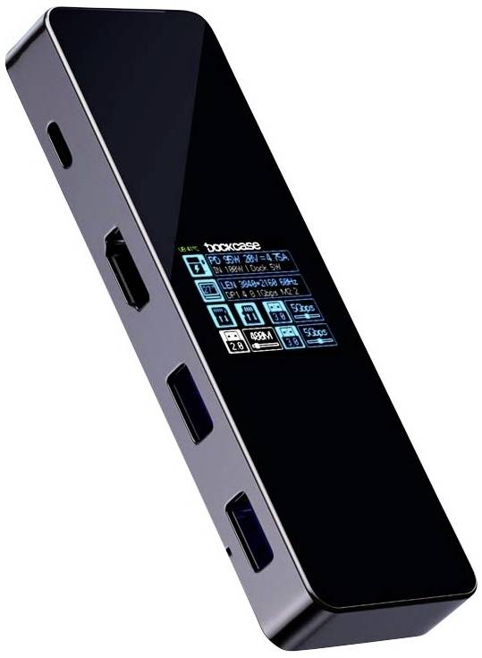 Ein USB-Hub mit mehreren Anschlüssen, darunter HDMI und USB, zeigt auf einem Display Informationen zu angeschlossenen Geräten an.