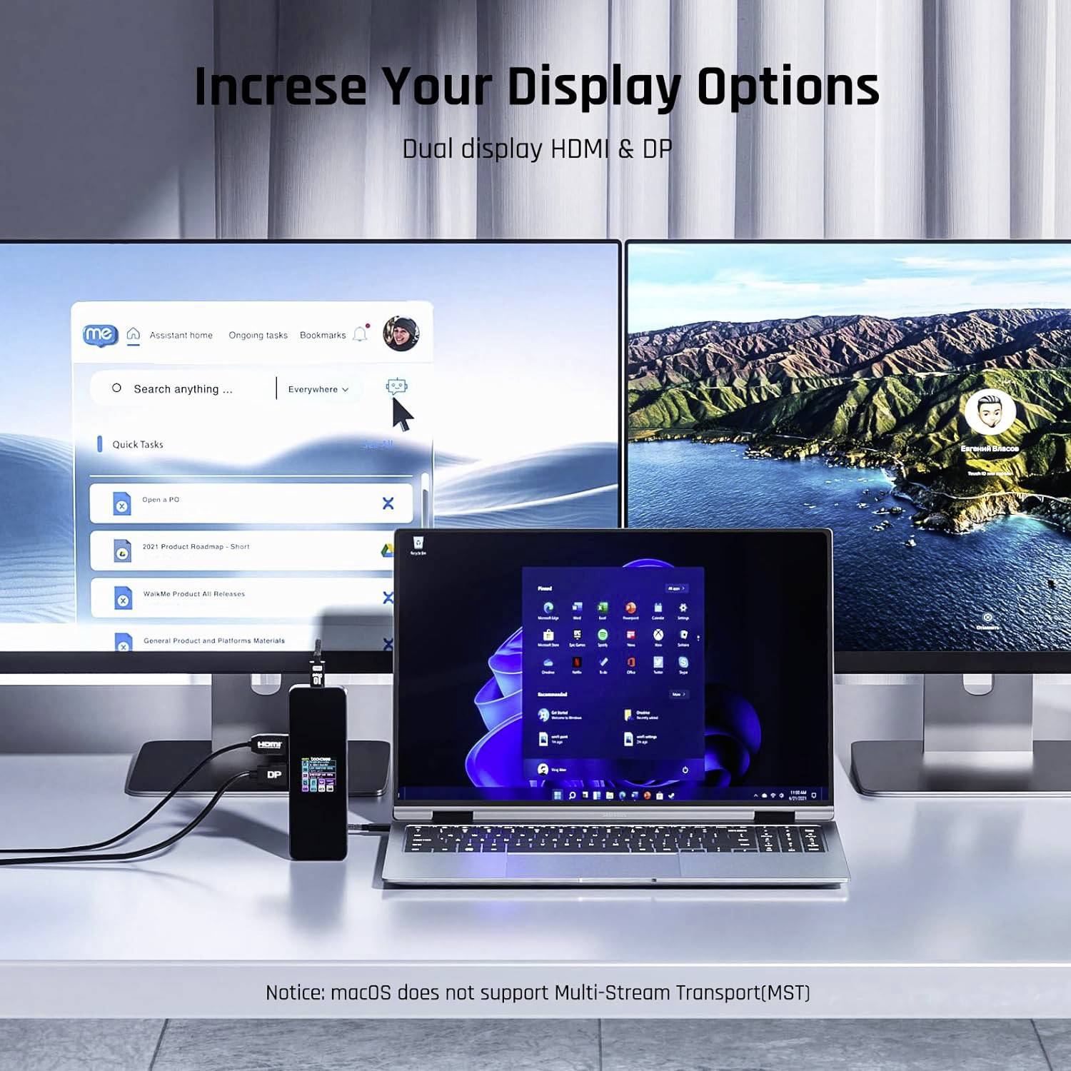 Drei Bildschirme zeigen Inhalte: Einer mit einem Smartphone-Startbildschirm, einer mit einer Küstenlandschaft, einer mit einem Desktop-Hintergrund.
