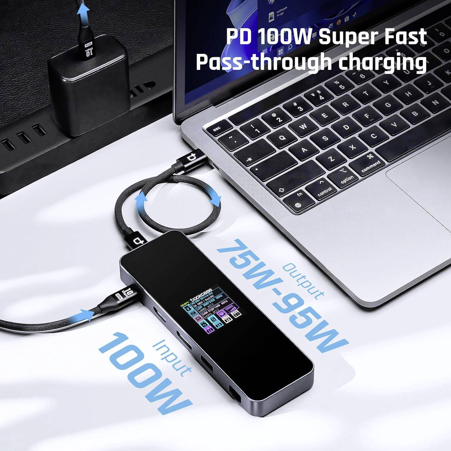 Laptop mit USB-C-Hub und Ladegerät. Anzeige zeigt 75W-95W Output und 100W Input. Text: PD 100W schnelle Pass-Through-Ladung.