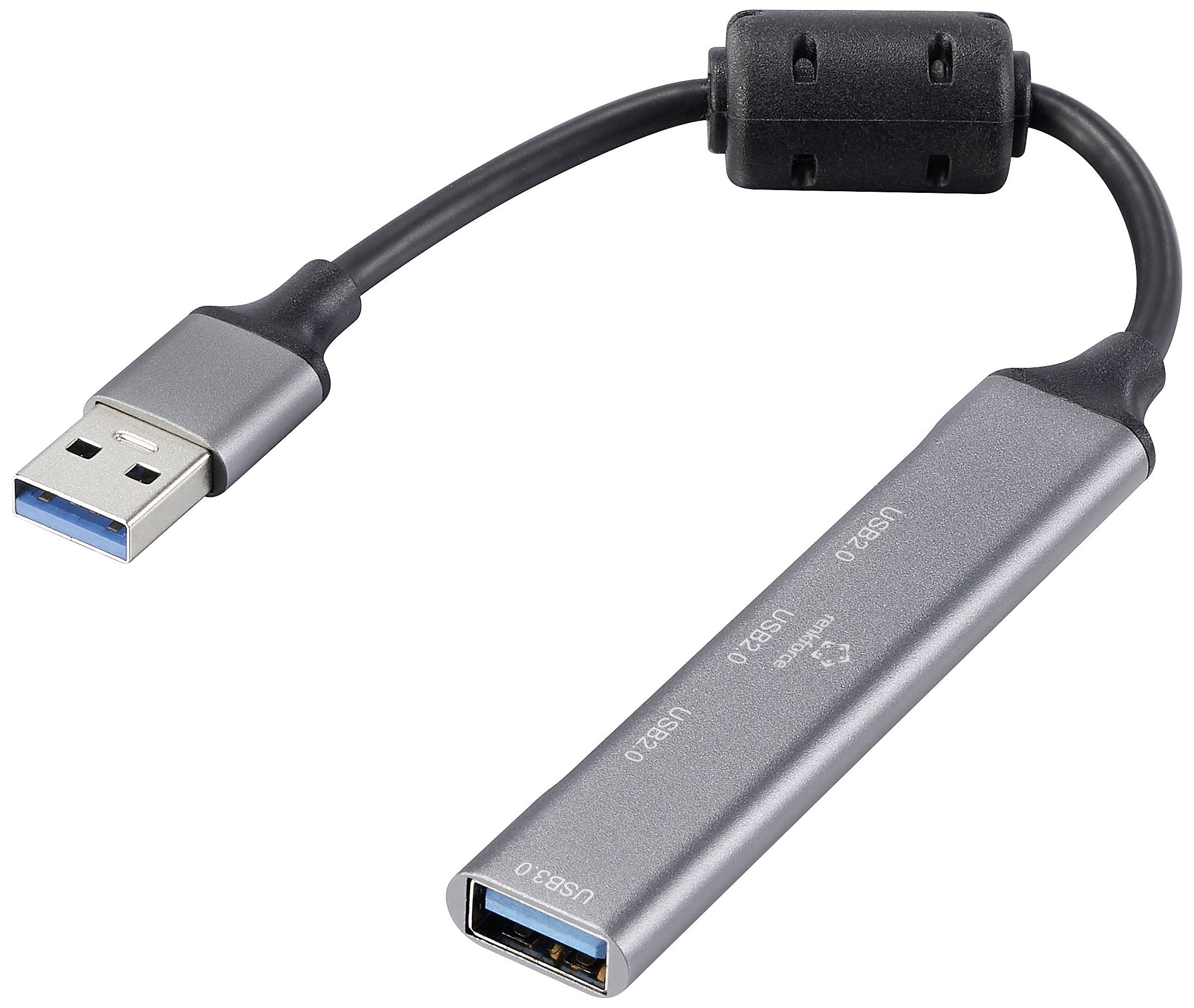Ein grauer USB-Adapter mit drei USB 3.0-Anschlüssen und einem Anschlussteil für den Computer.