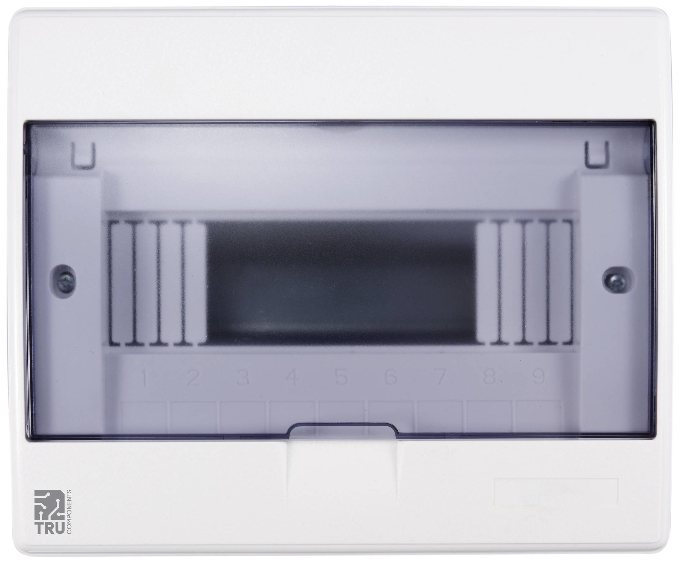 Ein grauer, abgeschlossener Sicherungskasten mit nummerierten Fächern von 1 bis 12, für die Unterbringung elektrischer Sicherungen.