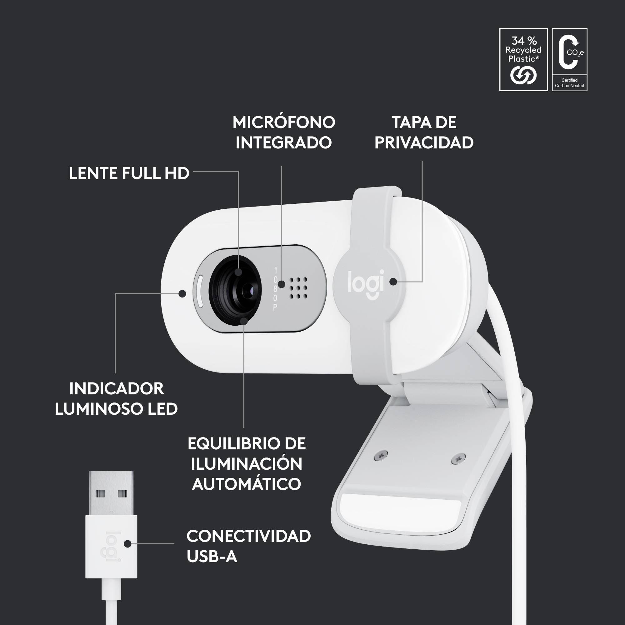 Logitech Brio 100 Full HD Webcam - Off-whitePlug-and-Play über USB-A /