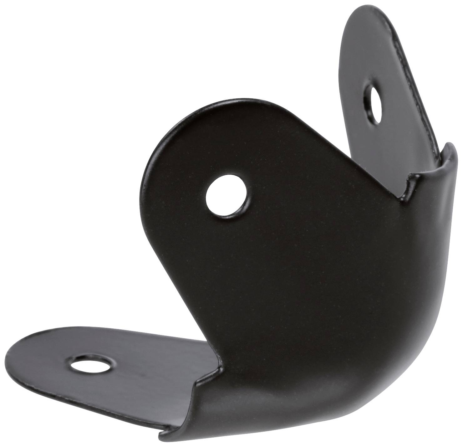 Schwarzes Metall-Eckstück mit Löchern für Schraubbefestigung, genutzt zur Stabilisierung oder Verbindung von Möbelteilen.