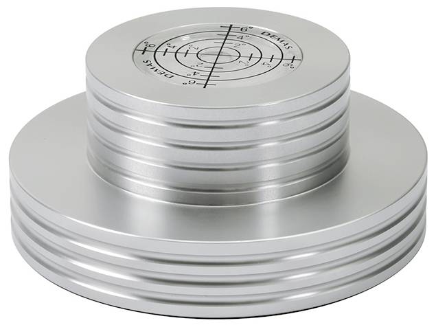 Ein silbernes, zylindrisches Gewicht mit geriffeltem Rand und einer Skala auf der Oberseite. Dieses wird zum Ausbalancieren von Plattenspielern verwendet.