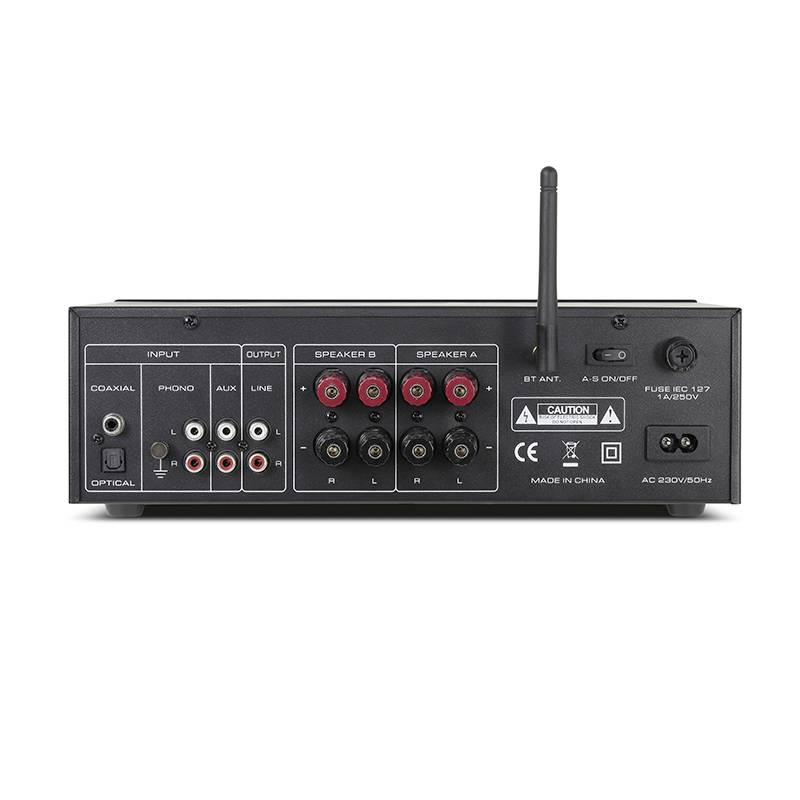 Rückseite eines Verstärkers mit Anschlüssen: Koaxial, optisch, Phono, AUX, Line, Ausgang, Lautsprecher A/B. Antenne rechts.