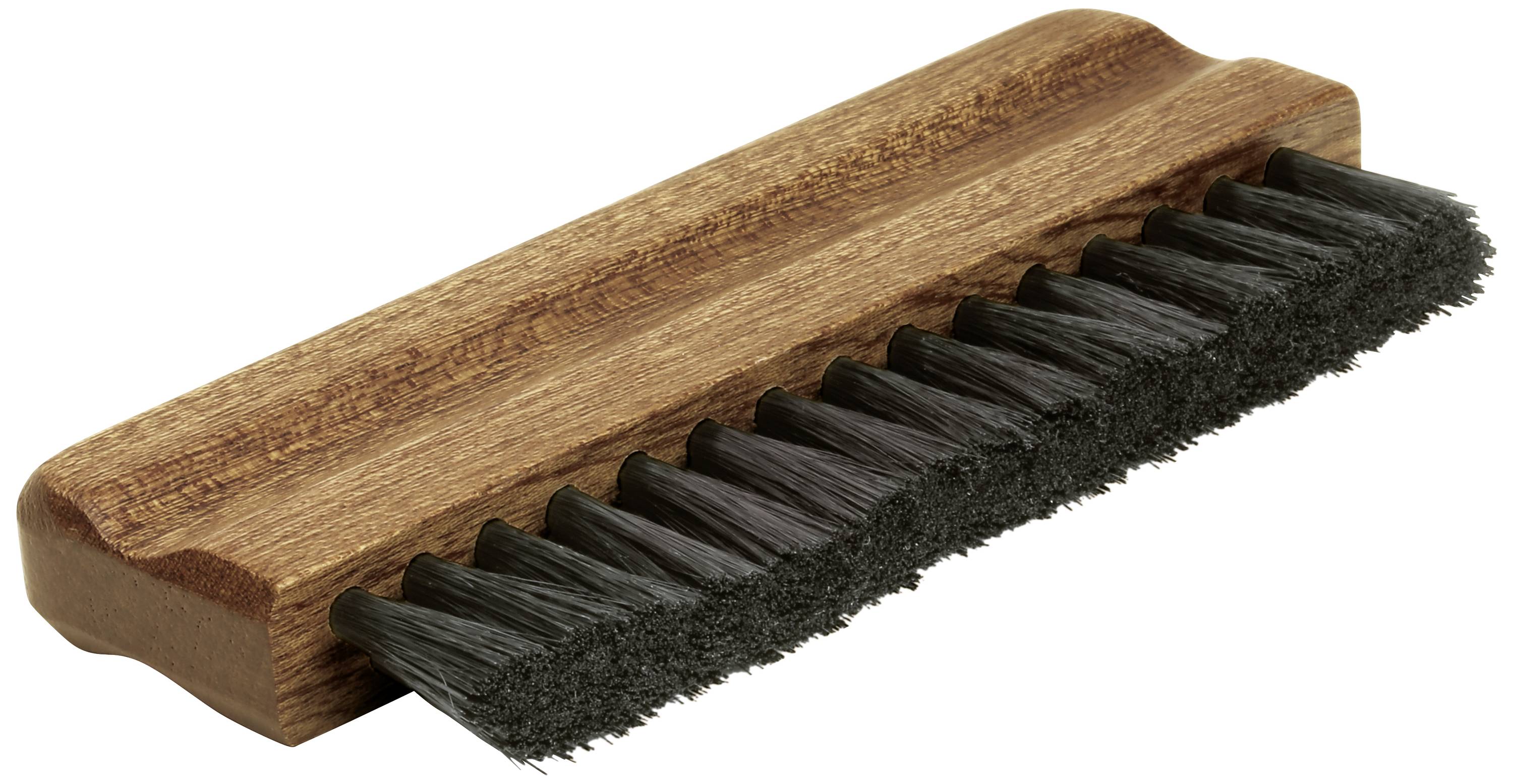 Holzbürste mit dunklen Borsten. Geeignet zum Reinigen von Schuhen oder Kleidung. Rechteckige Form mit Griff.