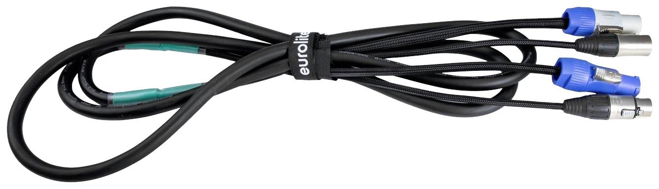 'Eurolite Signalkabel' in Schwarz mit einigen blauen und silbernen Steckern, zusammengebunden mit Klettband.