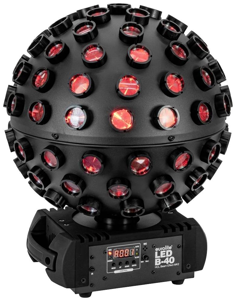 Eine schwarze LED-Lichteffektkugel mit roten Lichtern, montiert auf einem Bedienfeld mit der Aufschrift 'Eurolite LED B-40'.