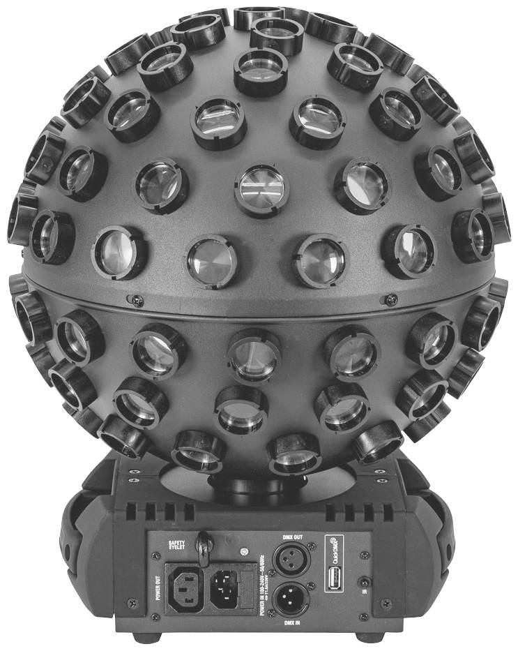 Schwarzer LED-Scheinwerfer in Kugelform mit mehreren Linsen für Beleuchtungseffekte, auf einem Steuergerät montiert.