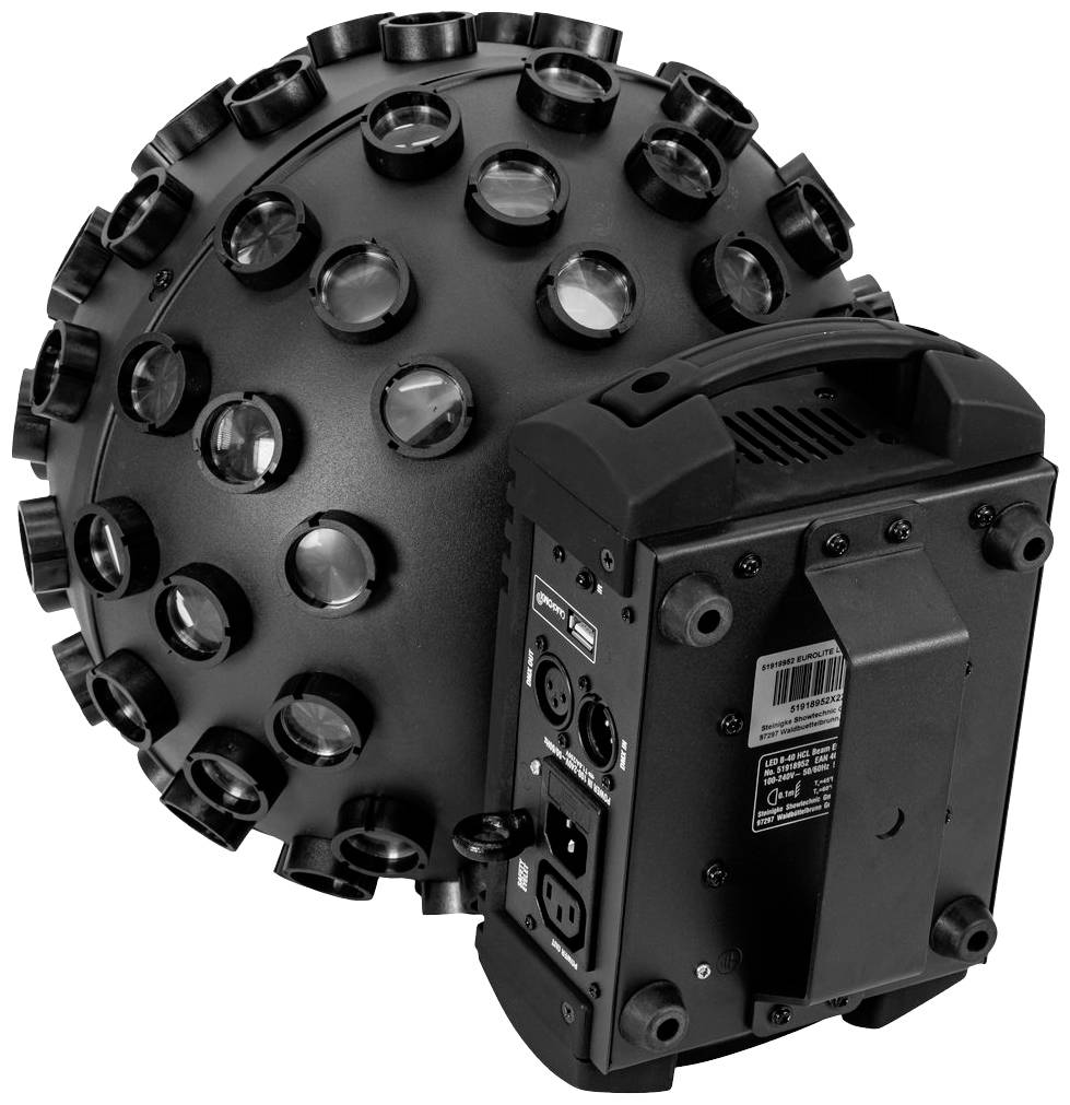 Ein schwarzes, kugelförmiges Lichtgerät mit mehreren Linsen auf der Oberfläche und einem Bedienfeld an der Rückseite. Ideal für Beleuchtungseffekte.