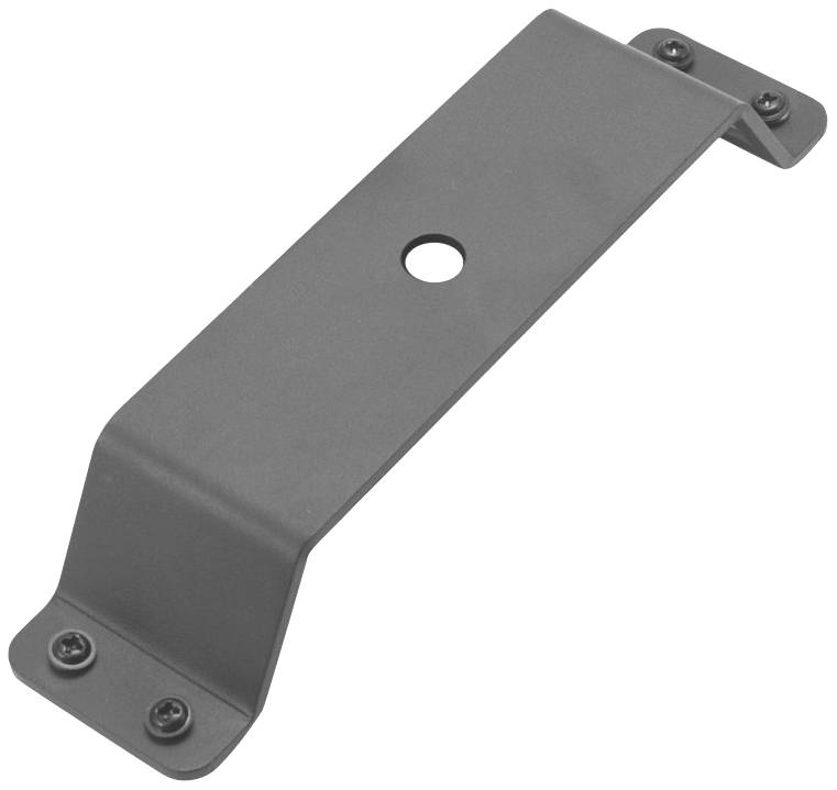 Metallklammer mit zentralem Loch und vier Schraubenlöchern an den Enden, zur Befestigung an einer Oberfläche.