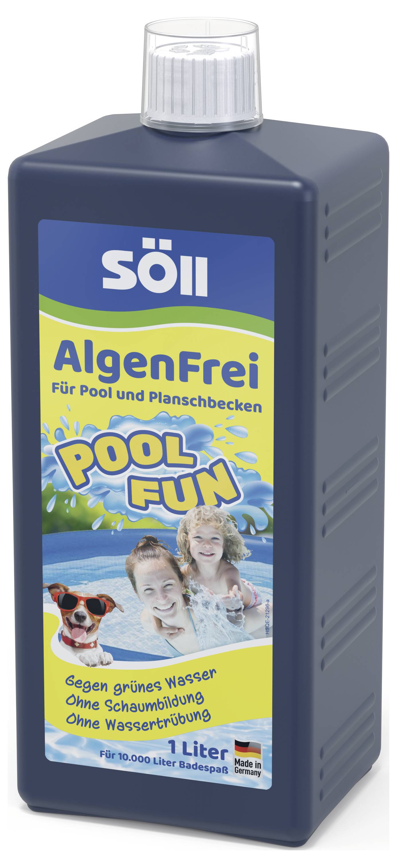 'AlgenFrei' Algenentferner für Pools. Etikett zeigt lächelnde Menschen beim Schwimmen. Text hebt Eigenschaften hervor: klares Wasser, keine Schaumbildung, behandelt 10.000 Liter.