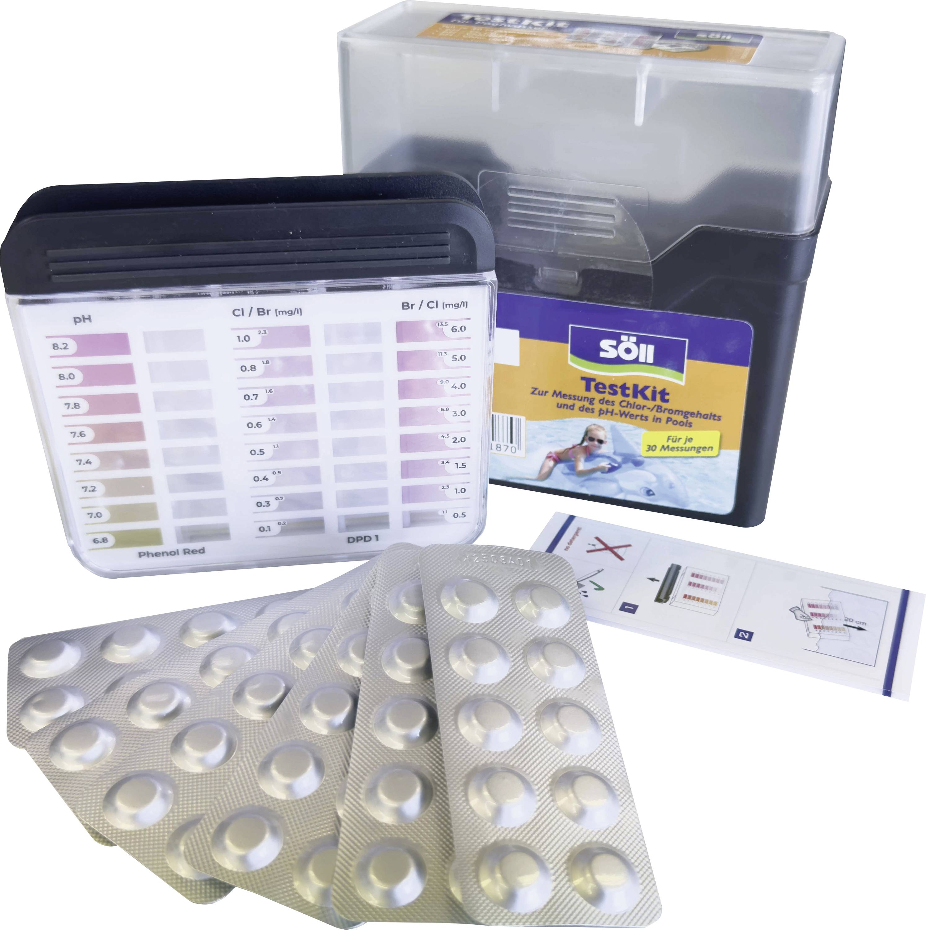 Ein Testkit mit Farbcharts zur Überwachung von Wasserqualitätsparametern, zusammen mit einer Packung Pillen und einem Beipackzettel dargestellt.