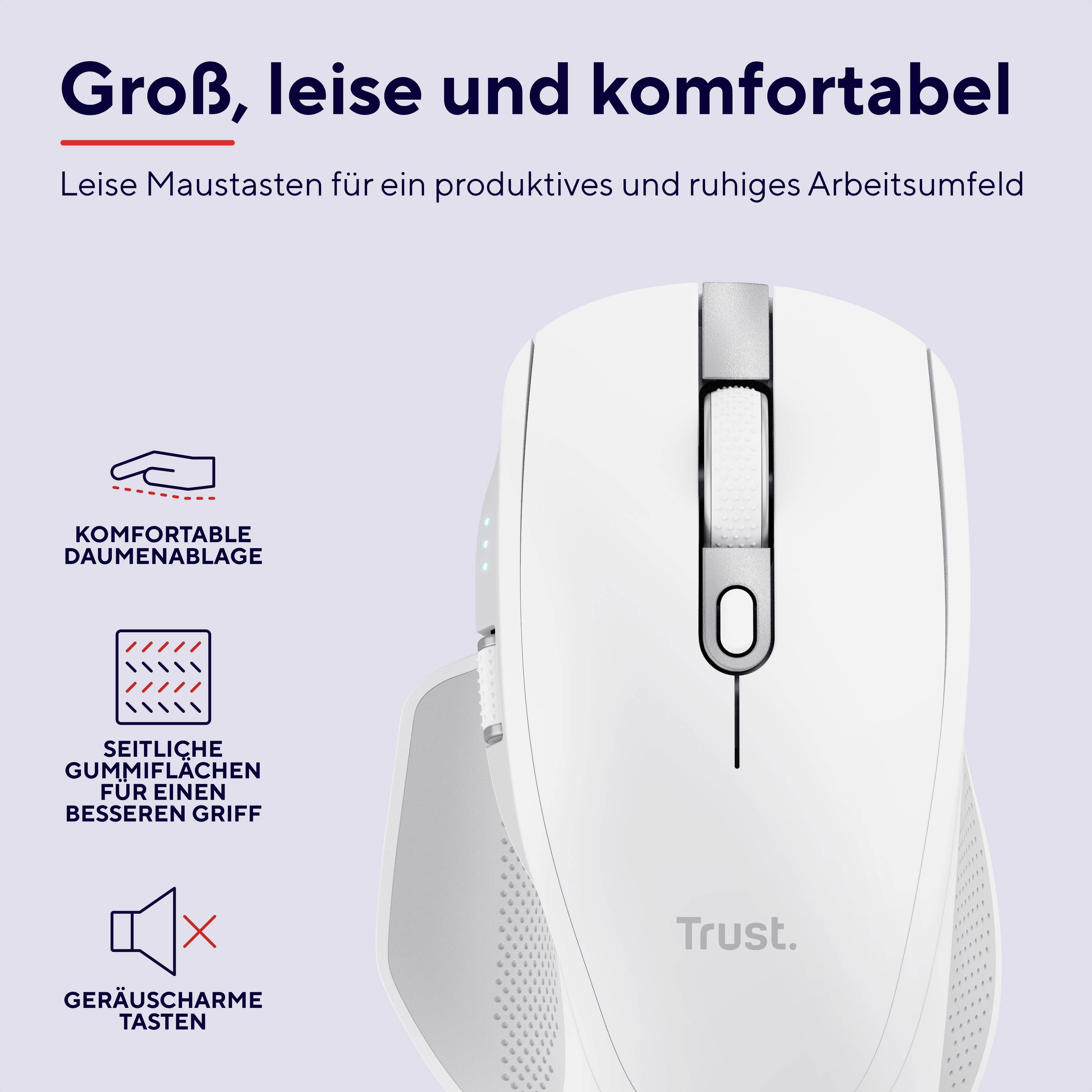Eine weiße Computermaus mit ergonomischem Design, komfortabler Daumenablage und geräuscharmen Tasten für ruhiges Arbeiten.