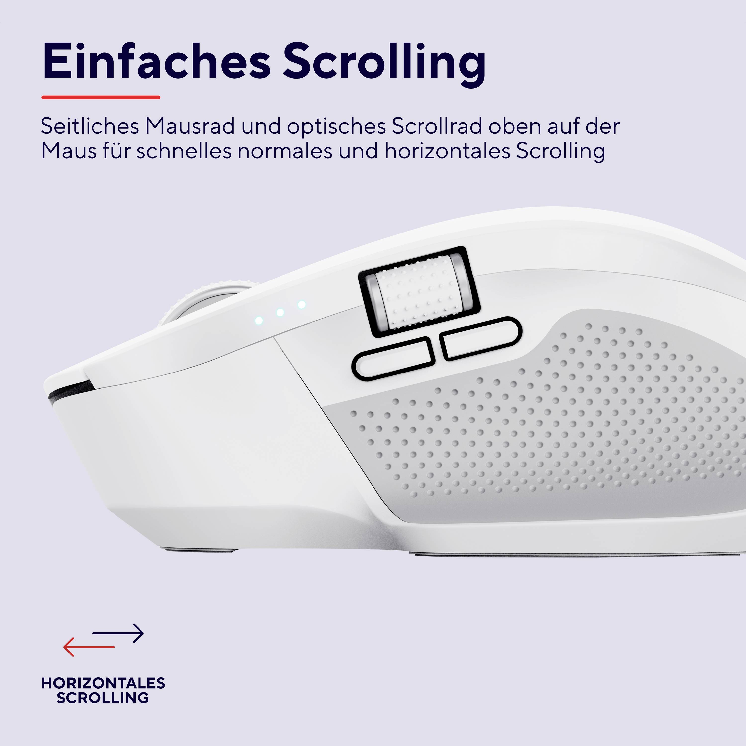 'Einfaches Scrolling' zeigt eine weiße Maus mit einem Scrollrad und Tasten für schnelles horizontales Scrollen, betont durch einen Pfeil.