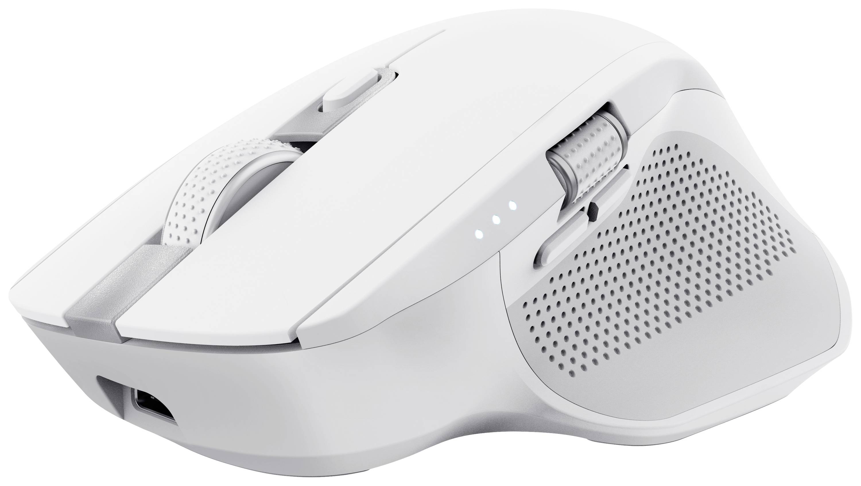 Eine weiße, ergonomische Computermaus mit mehreren Tasten und einem Scrollrad, geeignet für präzises Arbeiten und Gaming.