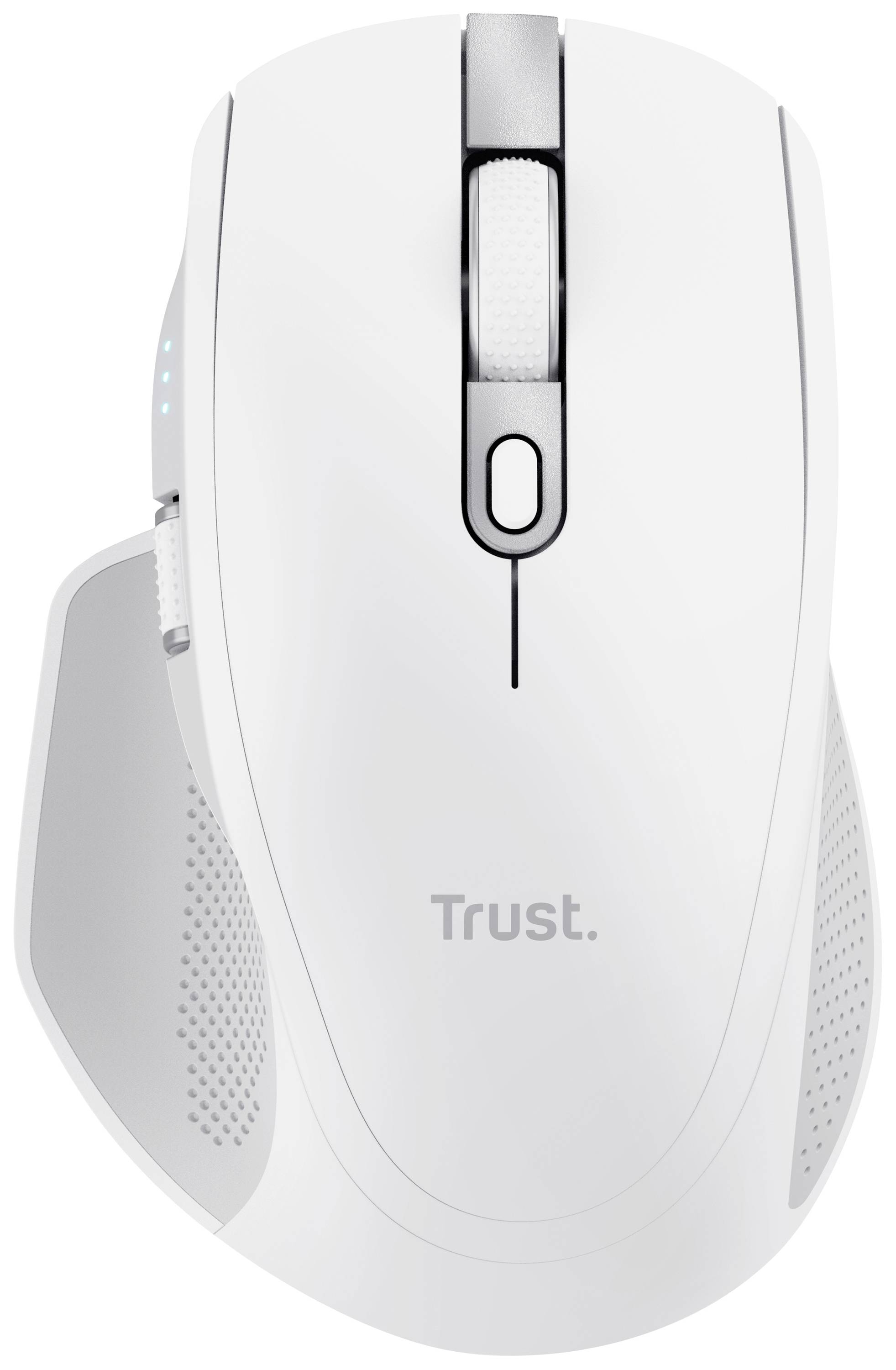 Weiße Computermaus mit ergonomischem Design und Scrollrad. Markennamen 'Trust' sichtbar.