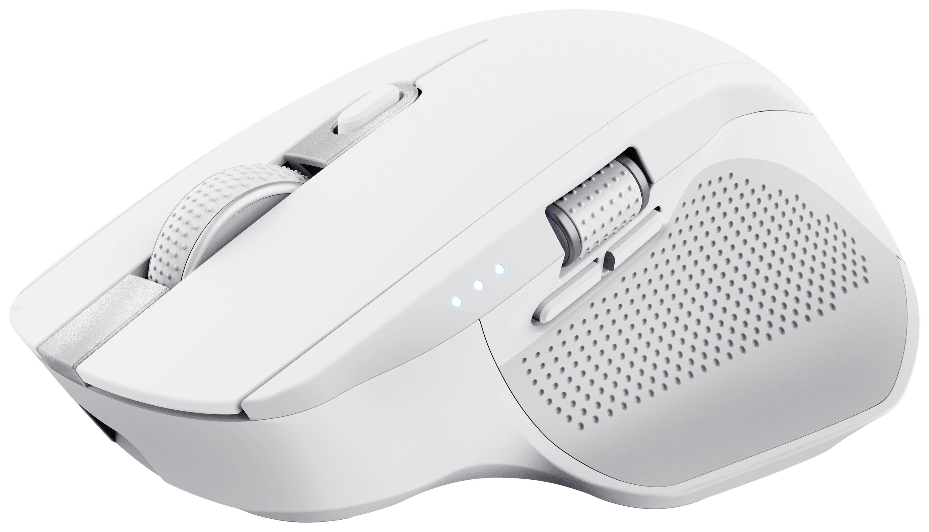Kabellose, ergonomische Computermaus in Weiß mit strukturierter Griffzone, mehreren Tasten und einem Scrollrad.