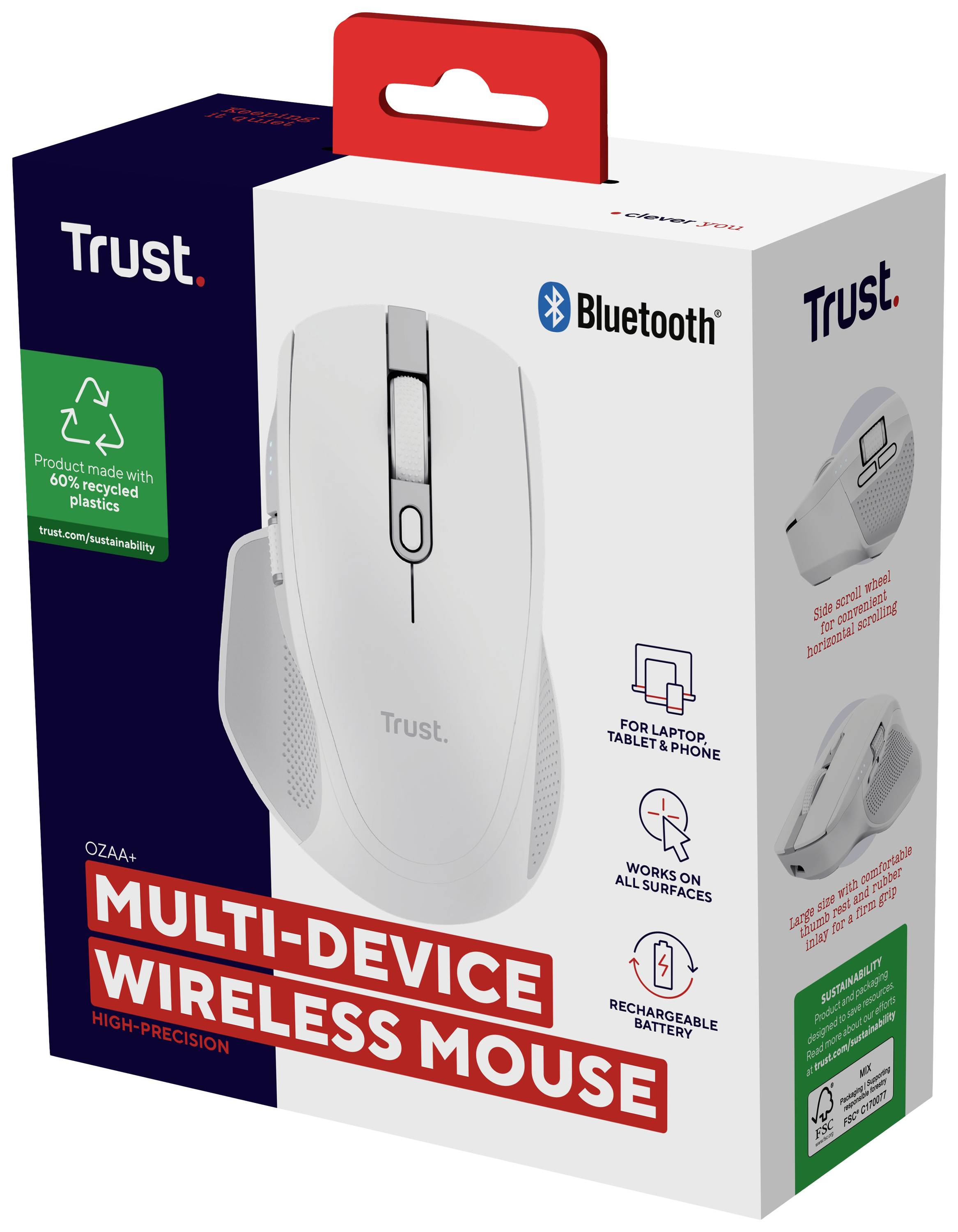 Verpackung einer Trust Bluetooth-Maus, hervorhebend: 'Multi-Device Wireless Mouse', kompatibel mit Laptop, Tablet und Smartphone, aus 60 % recyceltem Plastik, wiederaufladbarer Akku.