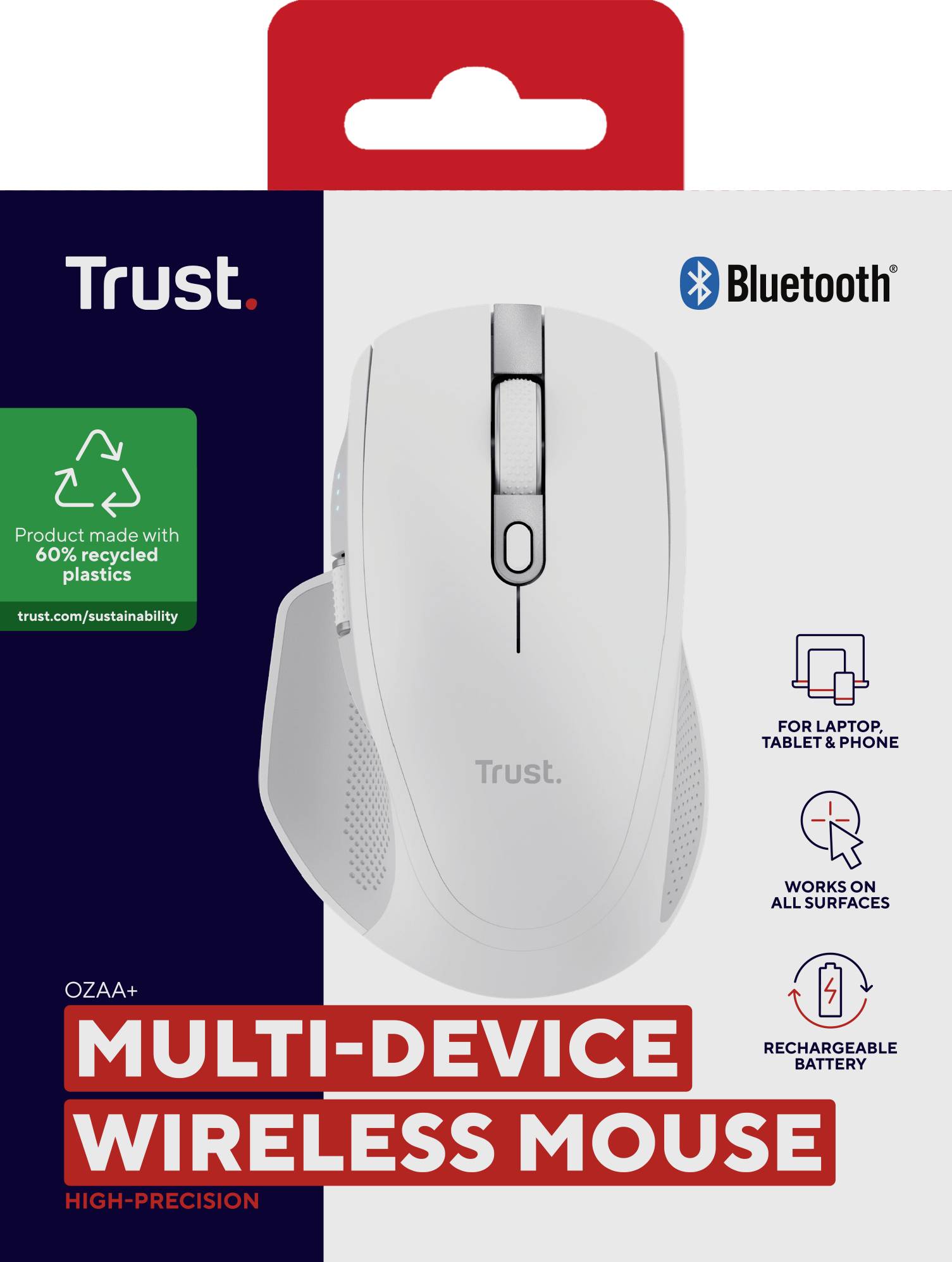 Kabellose Multi-Device-Maus 'Trust', weiß, mit Bluetooth für Laptop und Tablet. Hergestellt aus 60 % recyceltem Plastik.