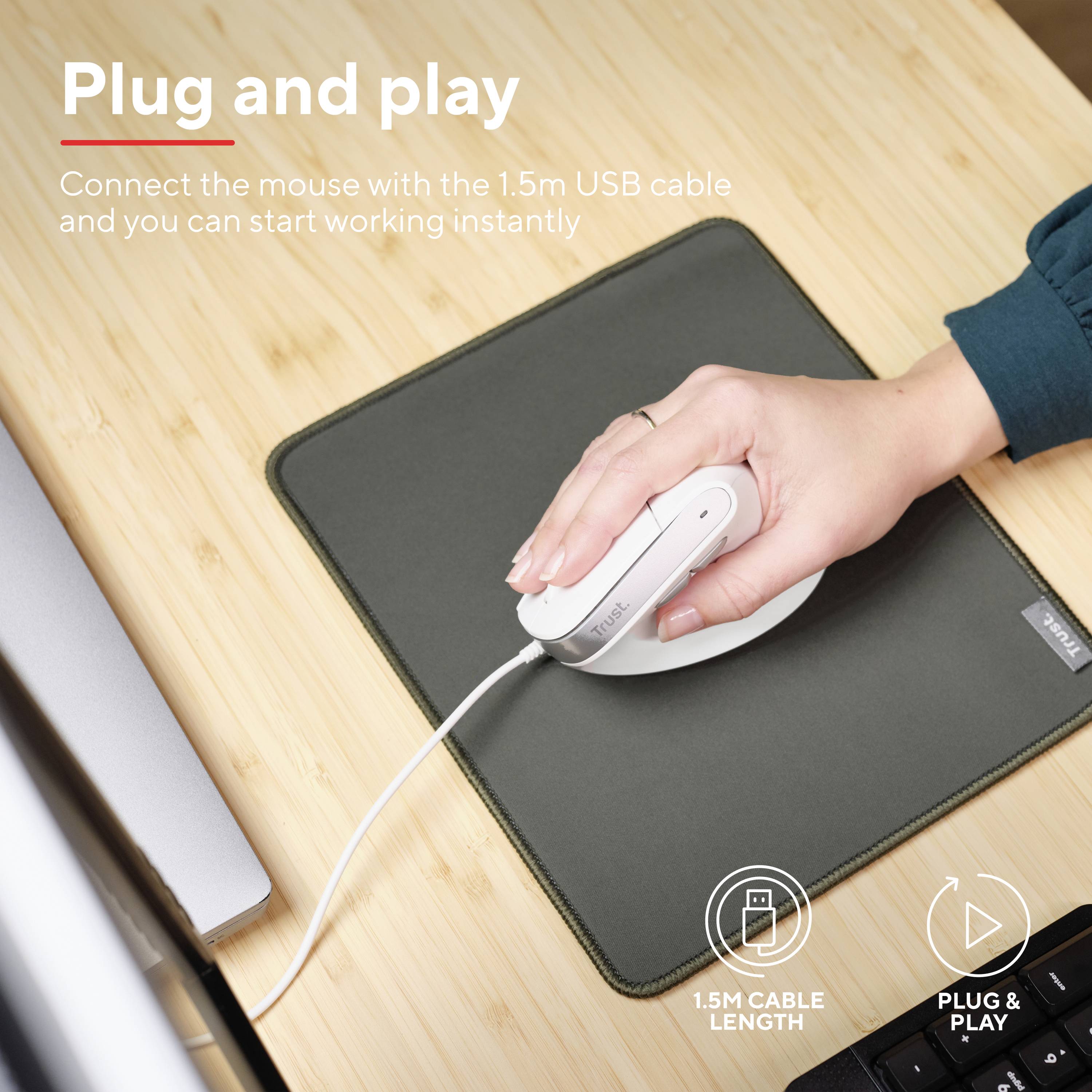 Trust BAYO II ERGONOMIC Maus Kabelgebunden Optisch Weiß 6 Tasten 2400 dpi Integriertes Scrollrad