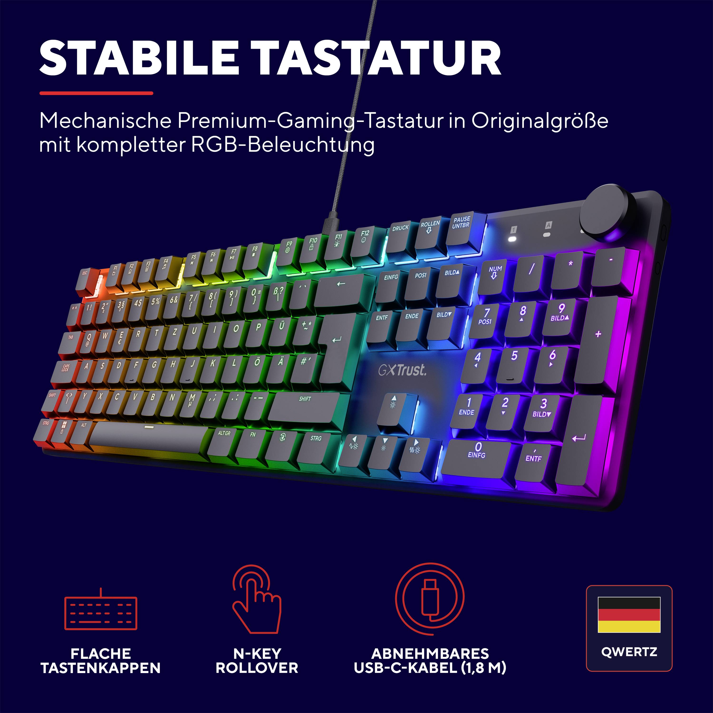 Trust GXT866 TORIX MECHANICAL Kabelgebunden Gaming-Tastatur Deutsch, QWERTZ Schwarz Beleuchtet