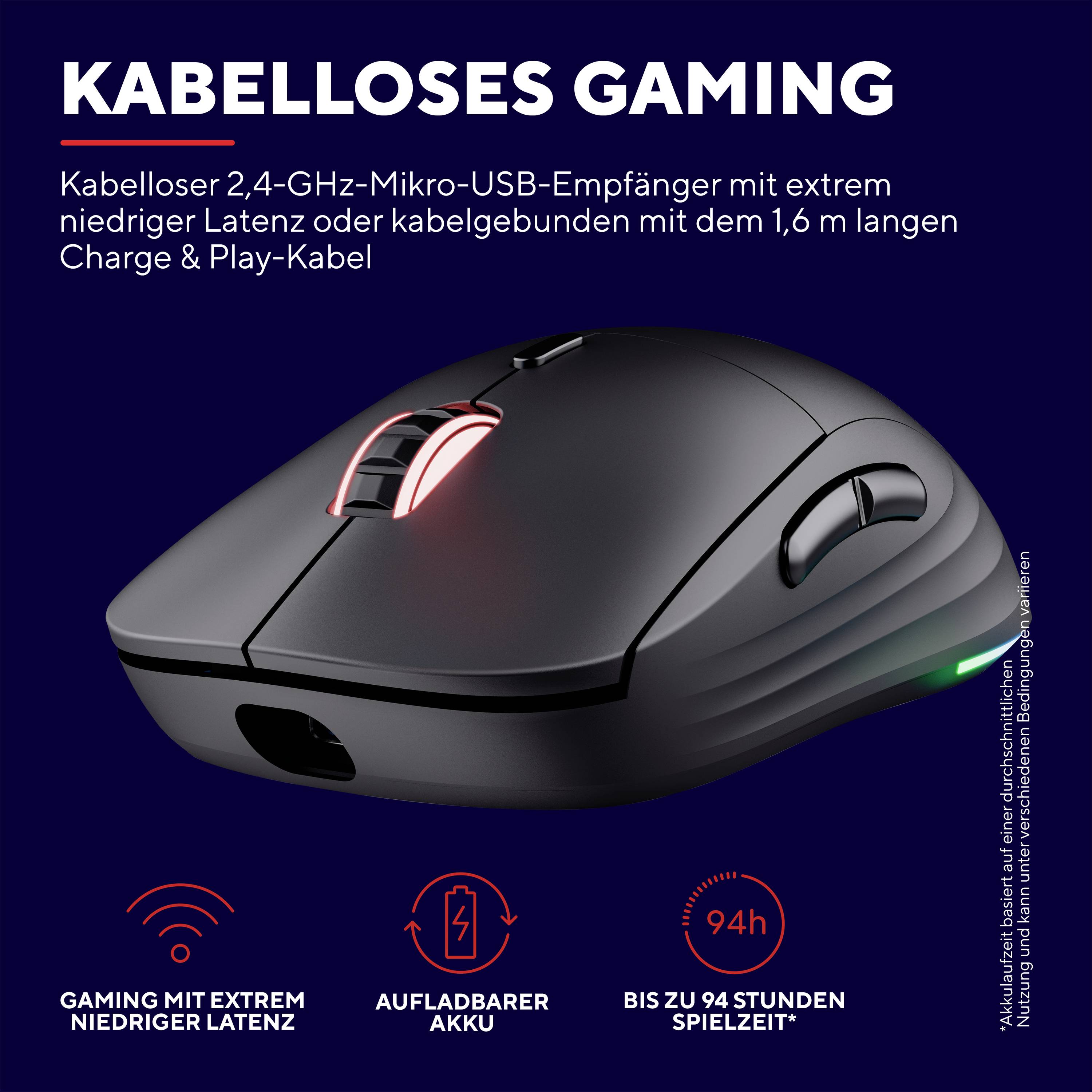 Kabellose Gaming-Maus mit extrem niedriger Latenz, aufladbarem Akku und bis zu 94 Stunden Spielzeit. 2,4-GHz-Mikro-USB-Empfänger.