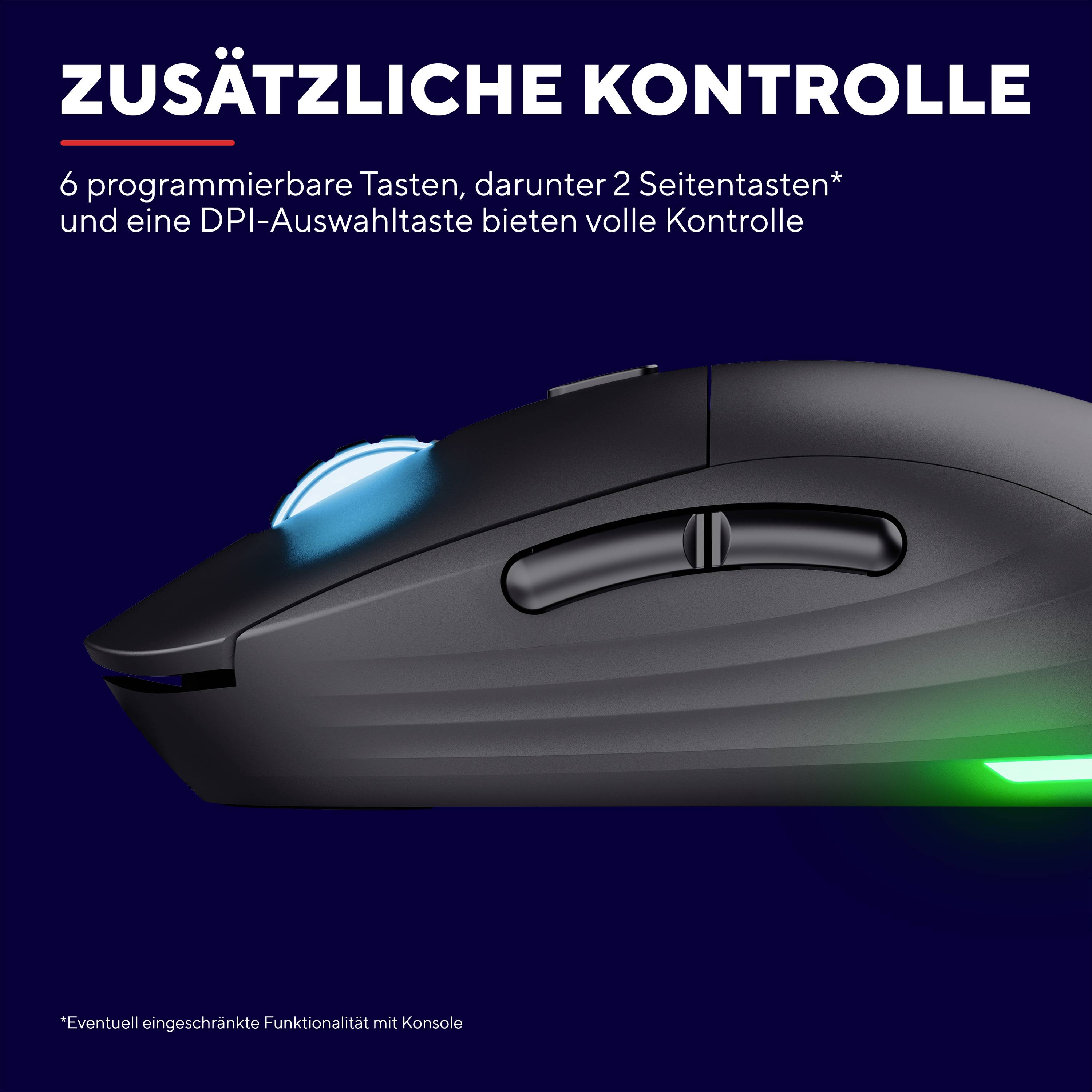 Die Abbildung zeigt eine Gaming-Maus mit sechs programmierbaren Tasten, zwei Seitentasten und einer DPI-Auswahltaste.