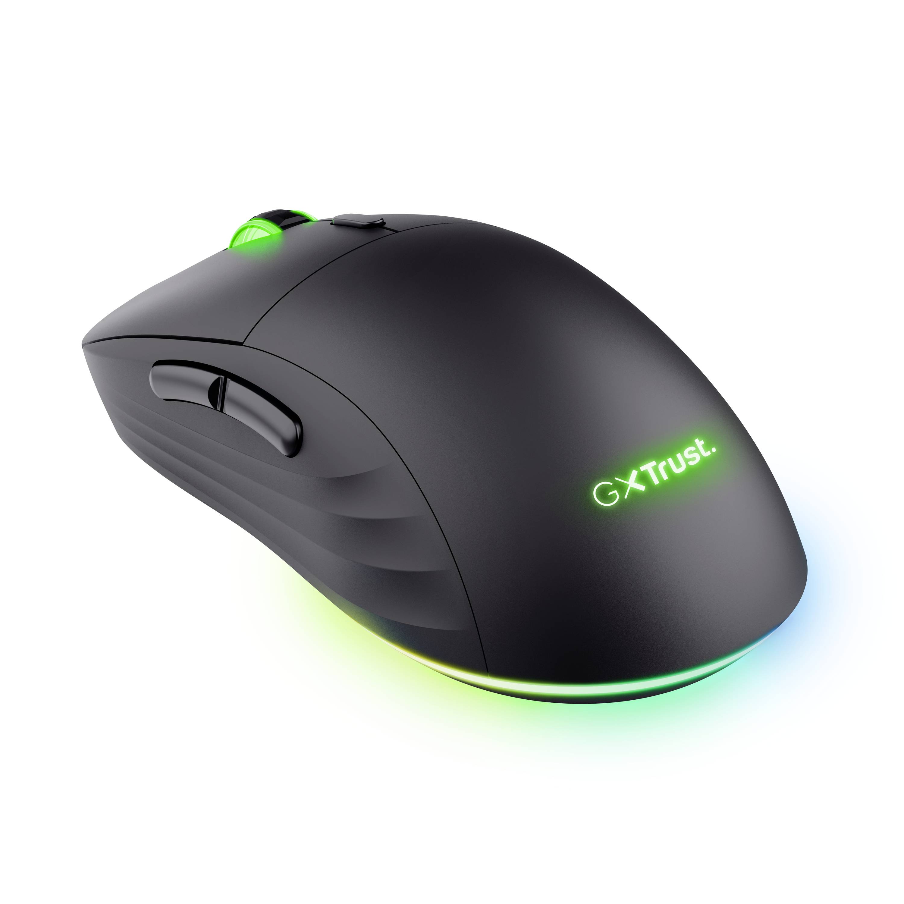 Schwarze Gaming-Maus mit grünem Licht und dem Logo 'GXT Trust', erkennbar an programmierbaren Tasten und ergonomischem Design.
