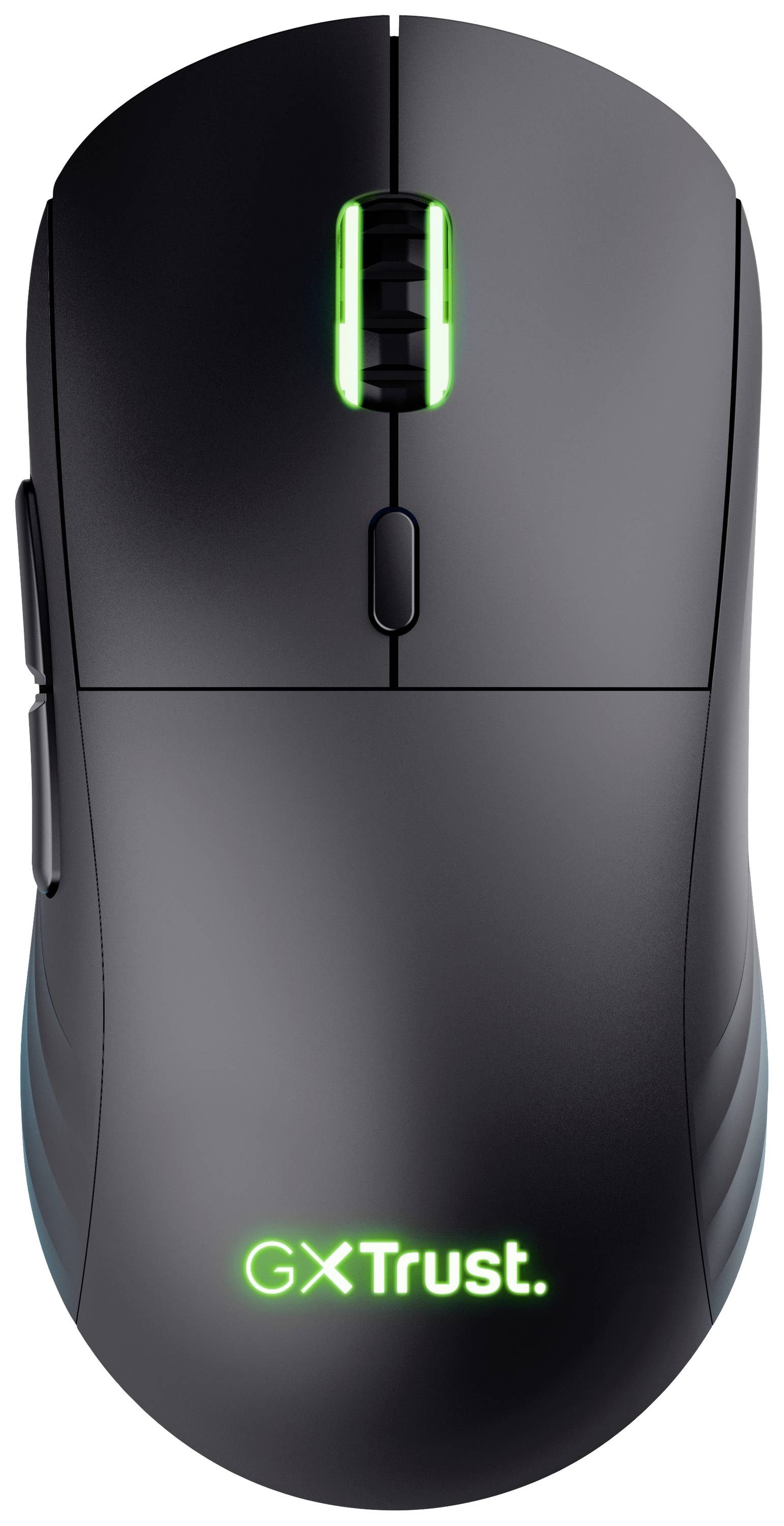 Schwarze Computermaus mit grün leuchtendem Scrollrad und Logo 'GX Trust.' Design mit seitlichen Tasten für erweiterte Funktionalität.